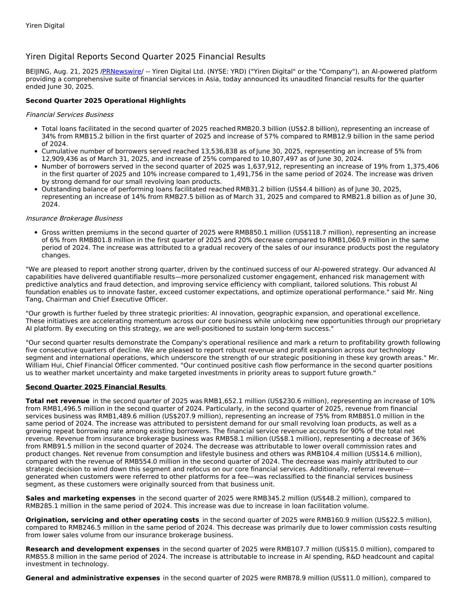 Yirendai's Q2 2025 Press Release