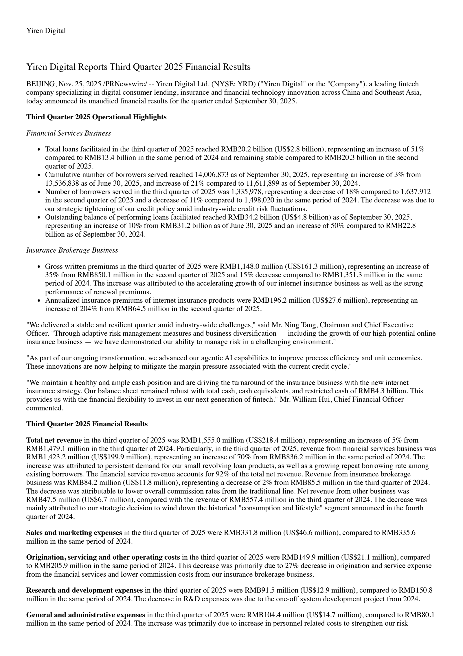 Yirendai's Q3 2025 Earnings Release