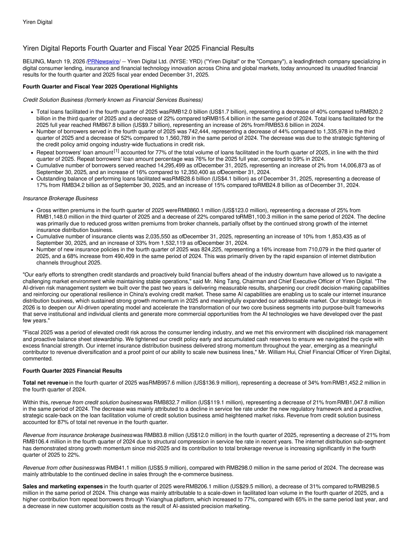 Yirendai's Q4 2025 Press Release