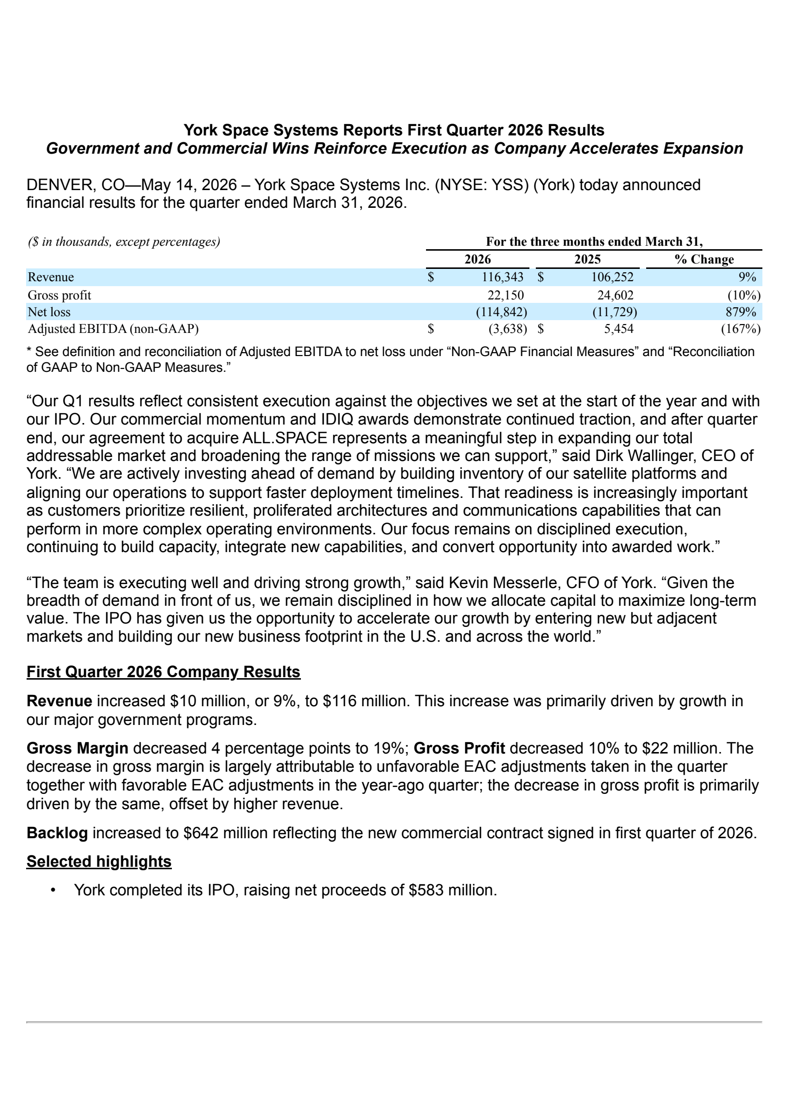 York Space Systems' Q1 2026 Press Release