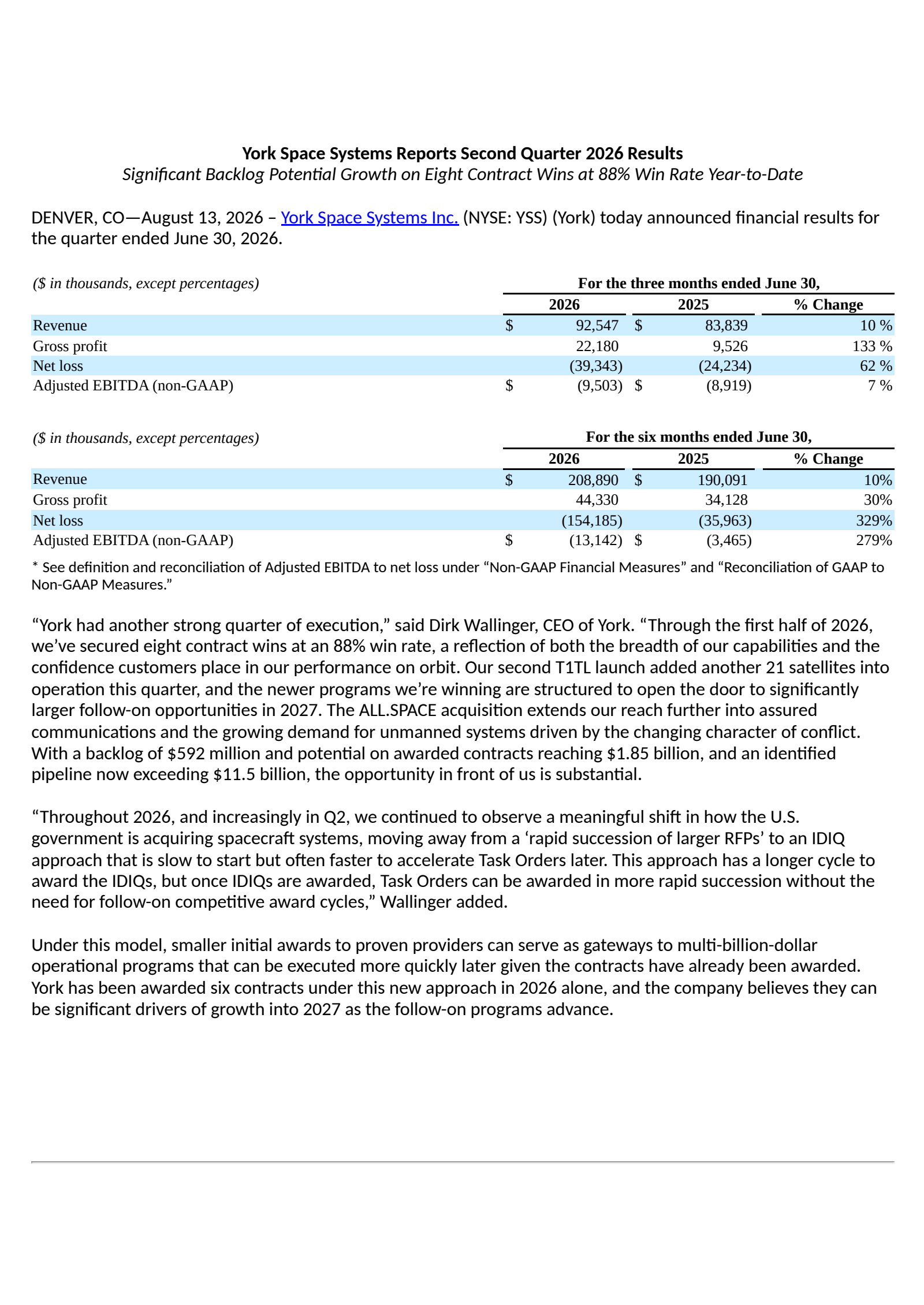 York Space Systems' Q2 2026 Press Release