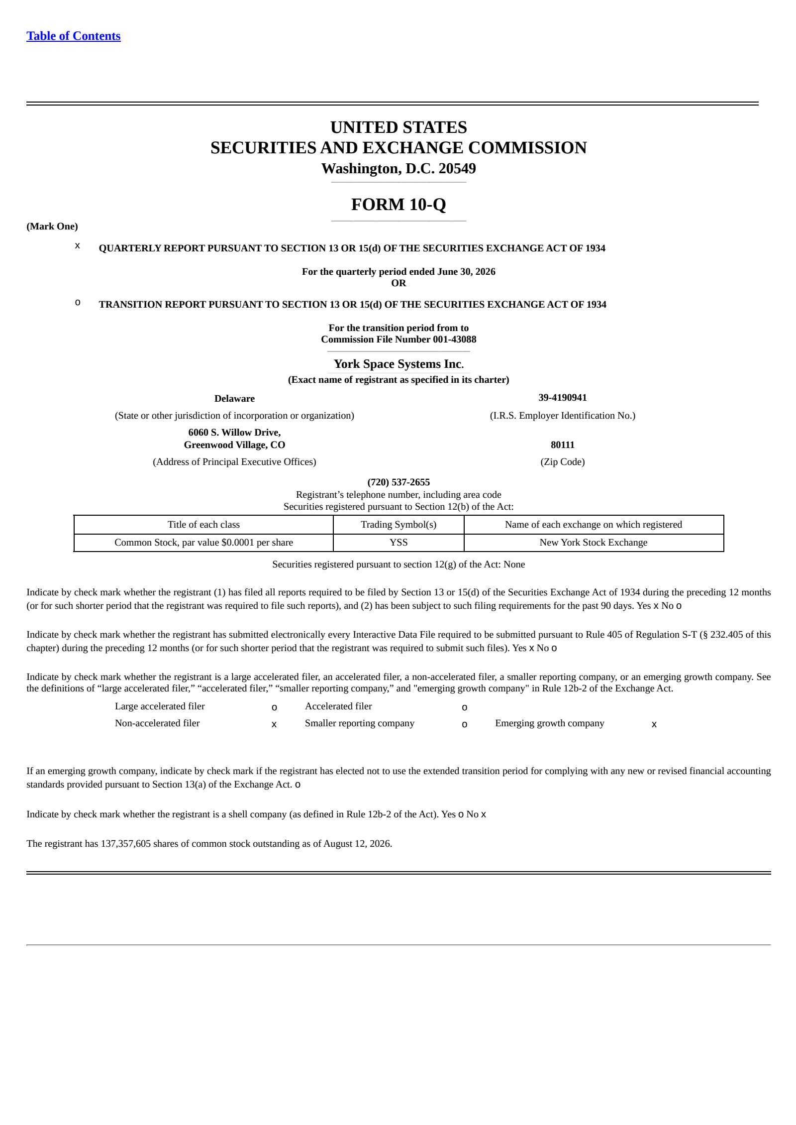 York Space Systems' Q2 2026 Quarterly report