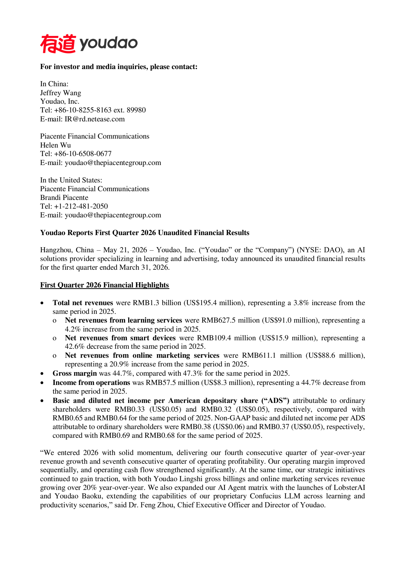Youdao's Q1 2026 Press Release