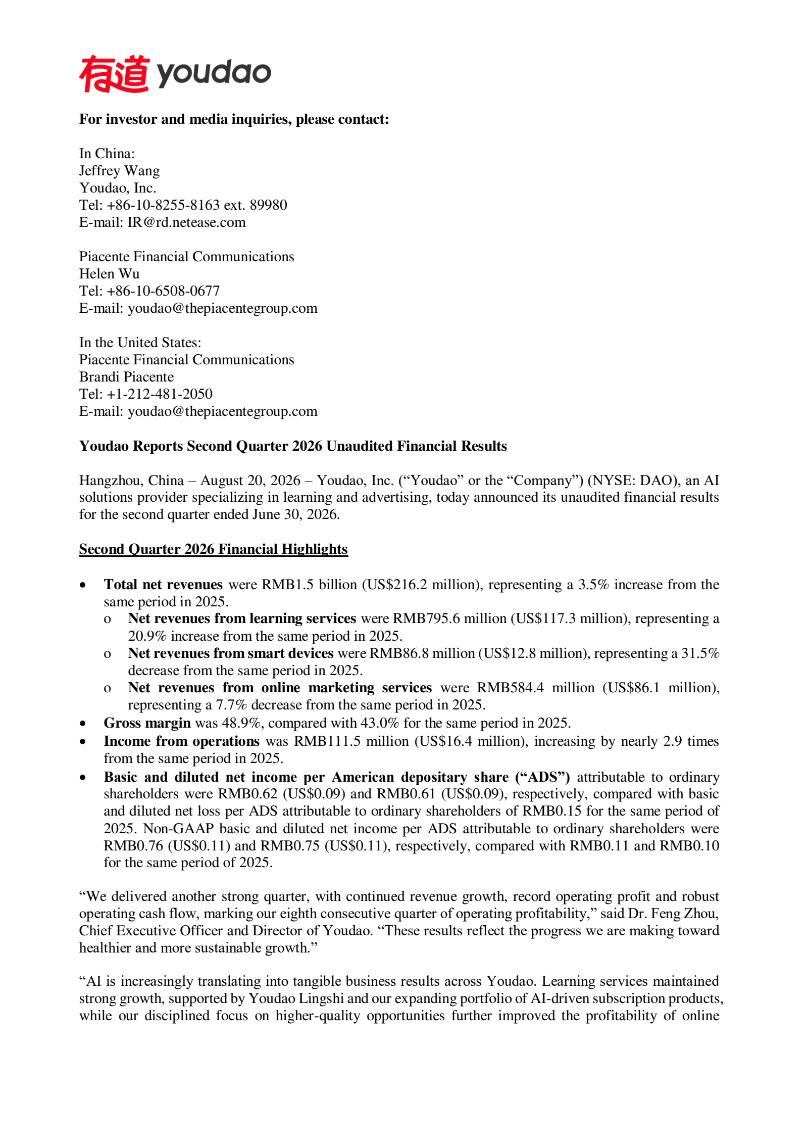 Youdao's Q2 2026 Press Release