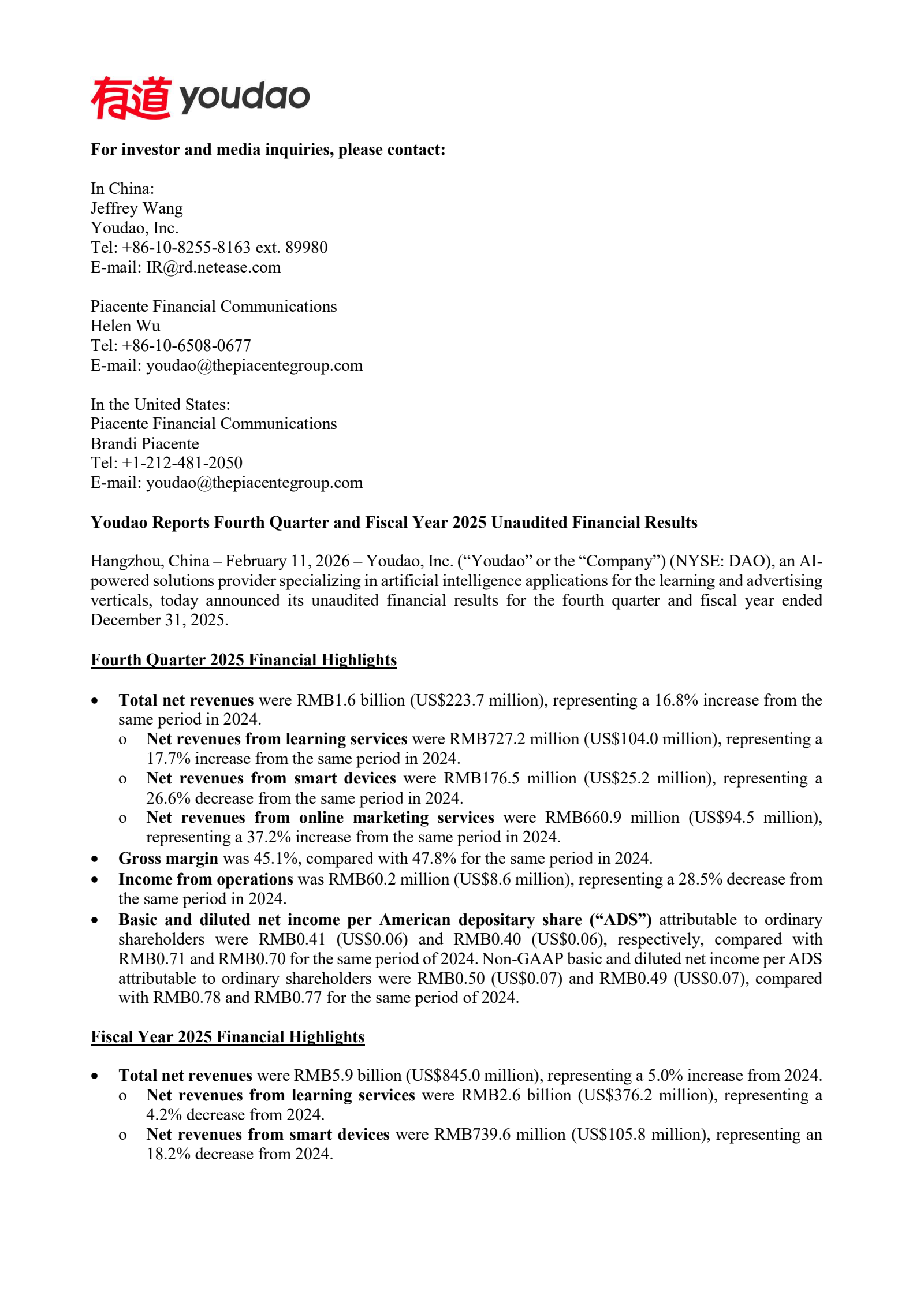 Youdao's Q4 2025 Press Release
