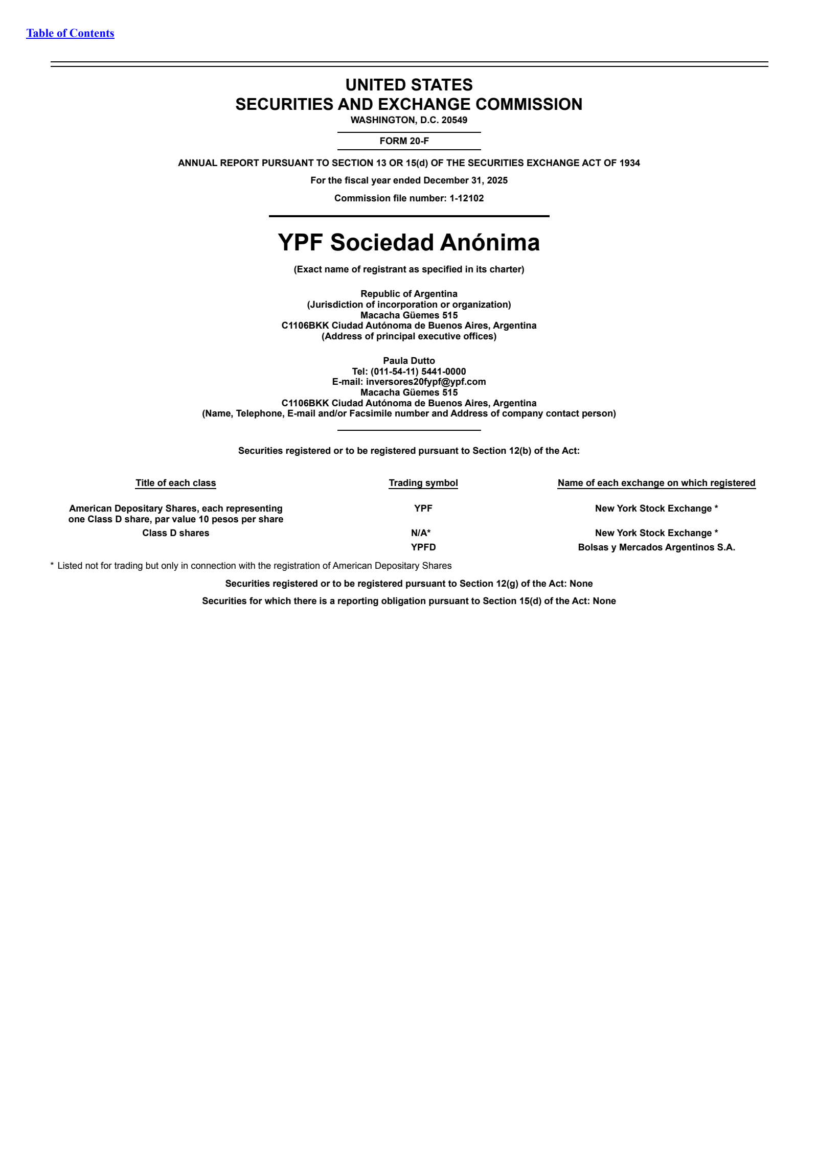YPF Sociedad Anónima's Q4 2025 Annual report