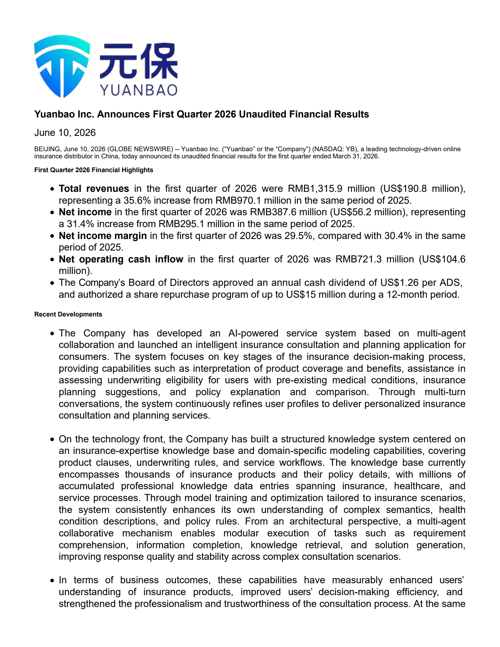 Yuanbao's Q1 2026 Press Release