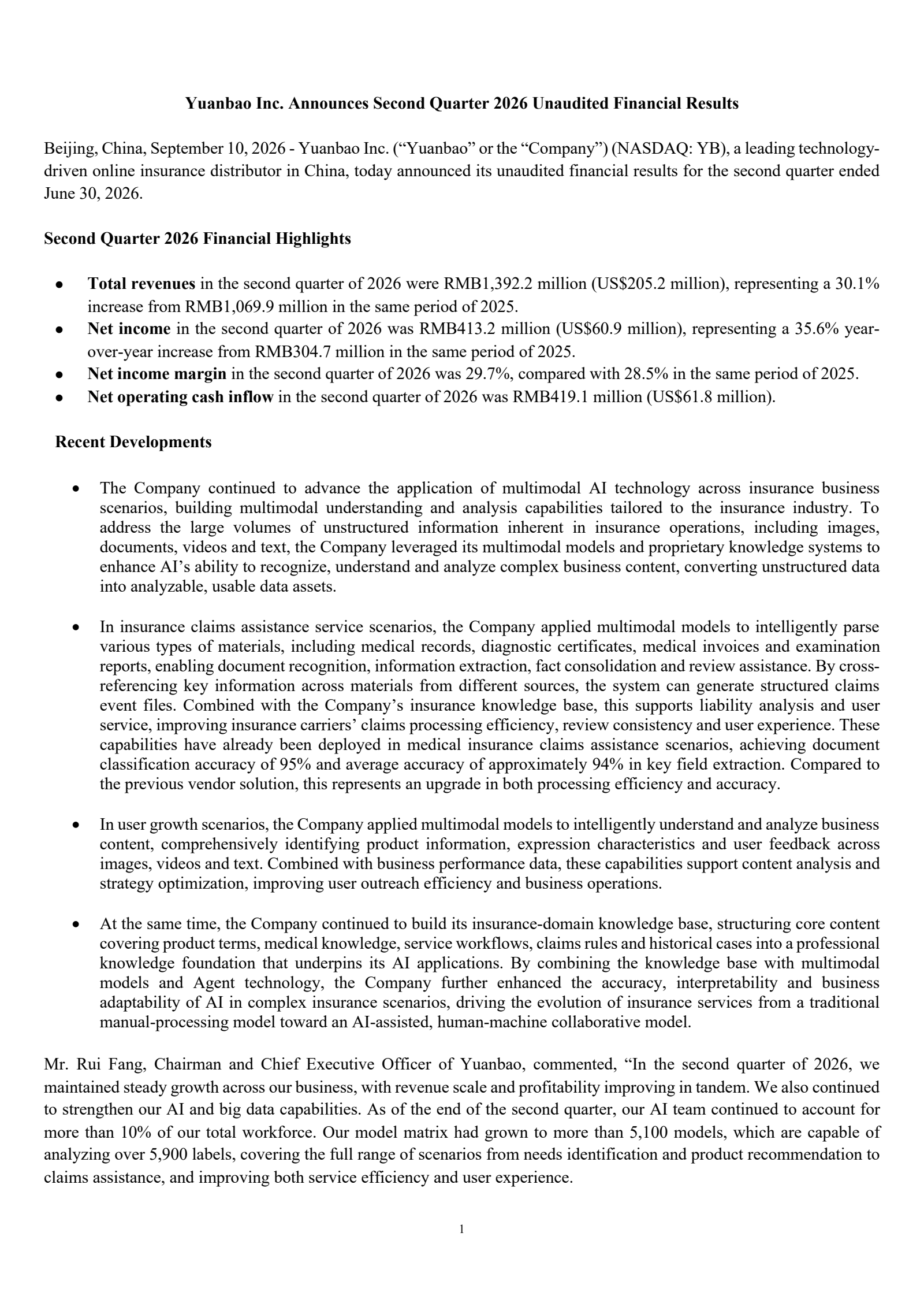 Yuanbao's Q2 2026 Press Release