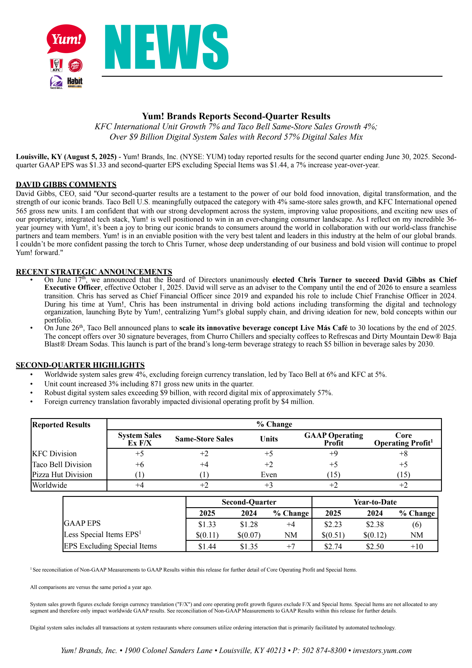 Yum! Brands' Q2 2025 Press Release