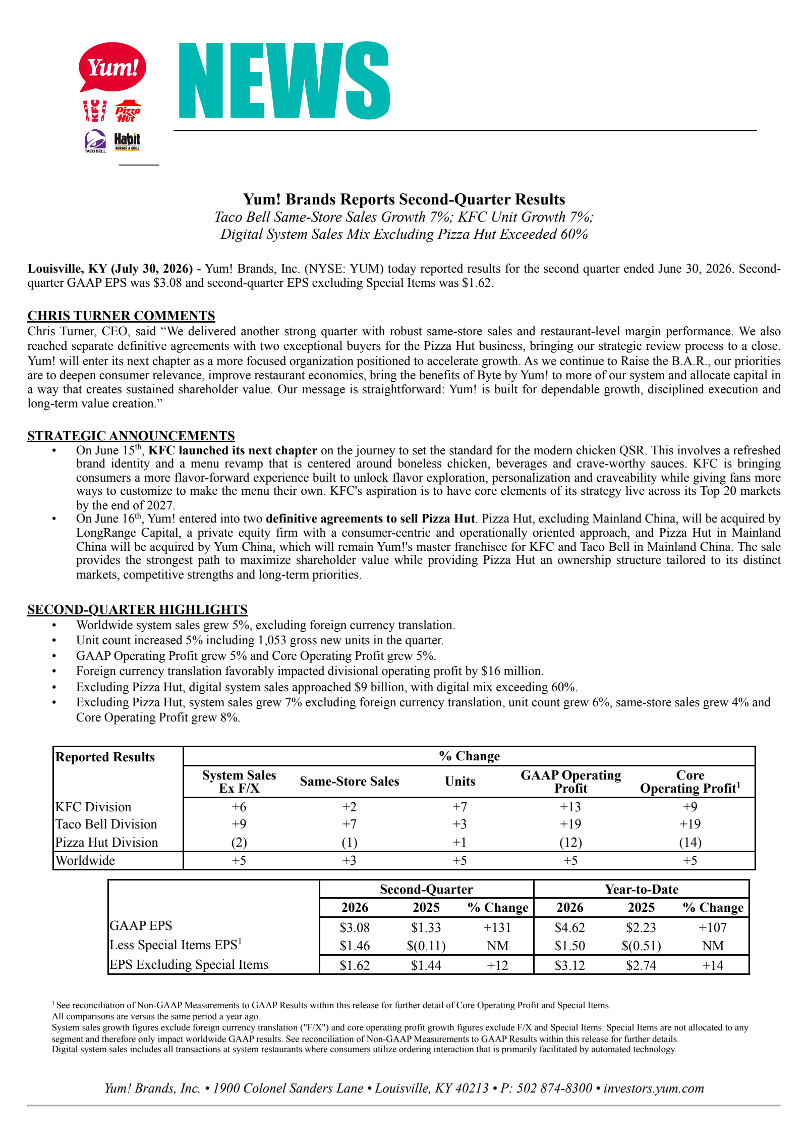 Yum! Brands' Q2 2026 Press Release