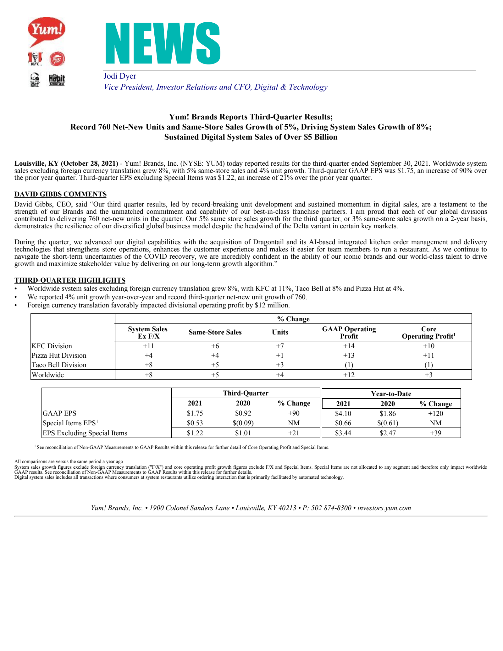Yum! Brands' Q3 2021 Earnings Release