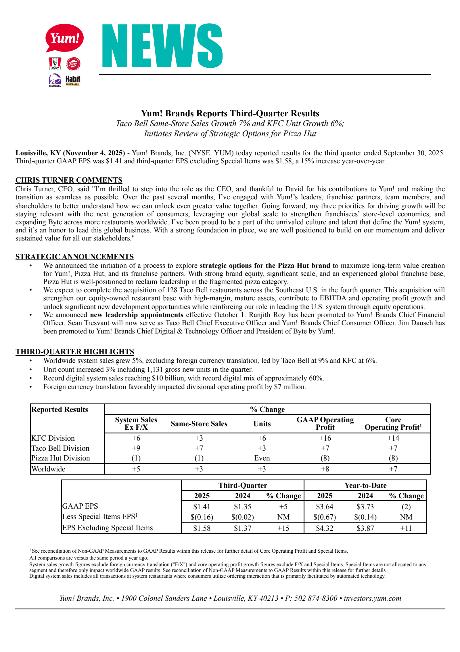 Yum! Brands' Q3 2025 Earnings Release
