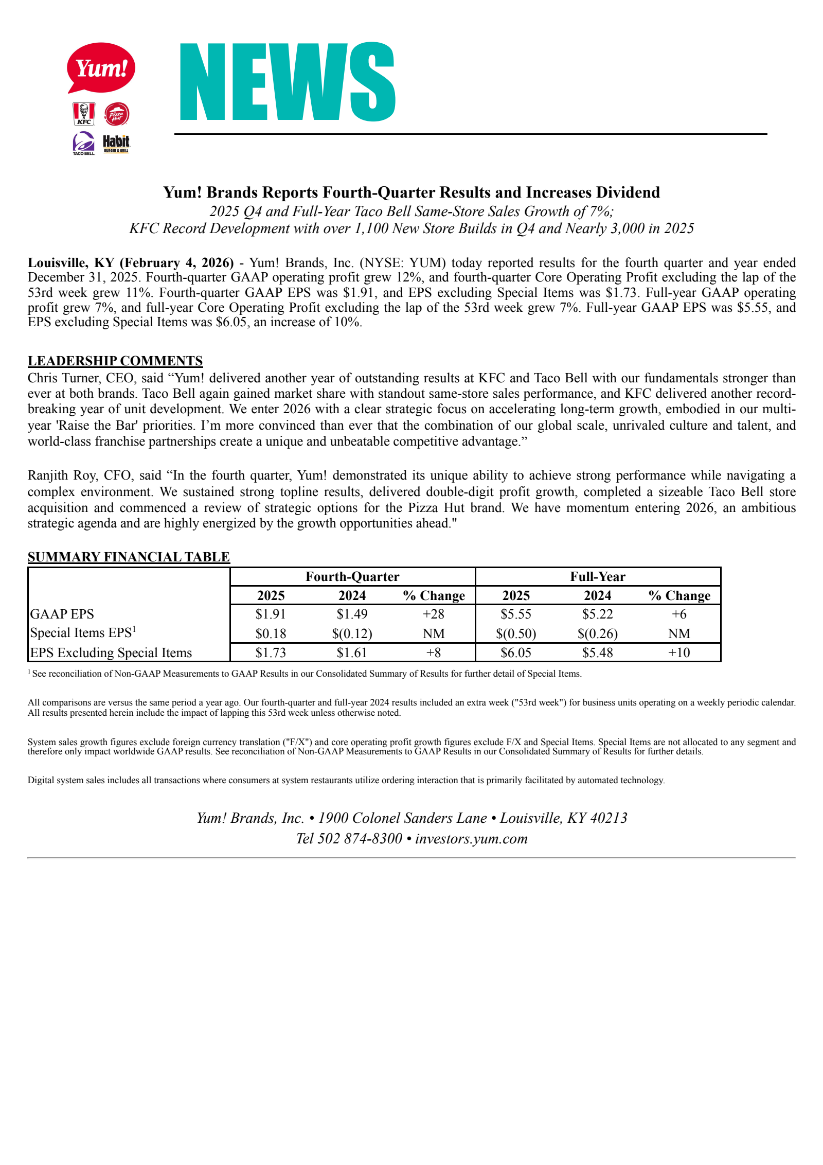 Yum! Brands' Q4 2025 Press Release