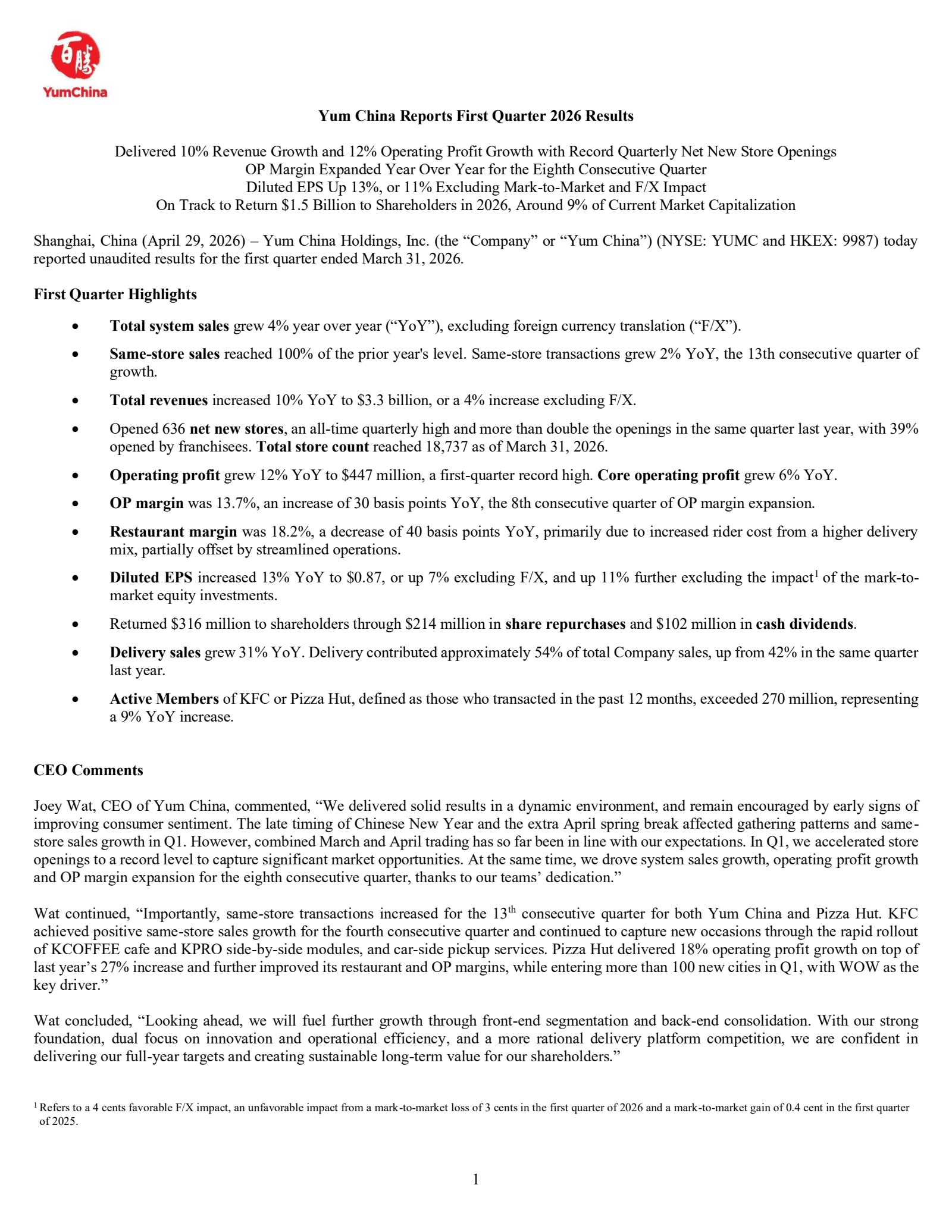 Yum China's Q1 2026 Press Release