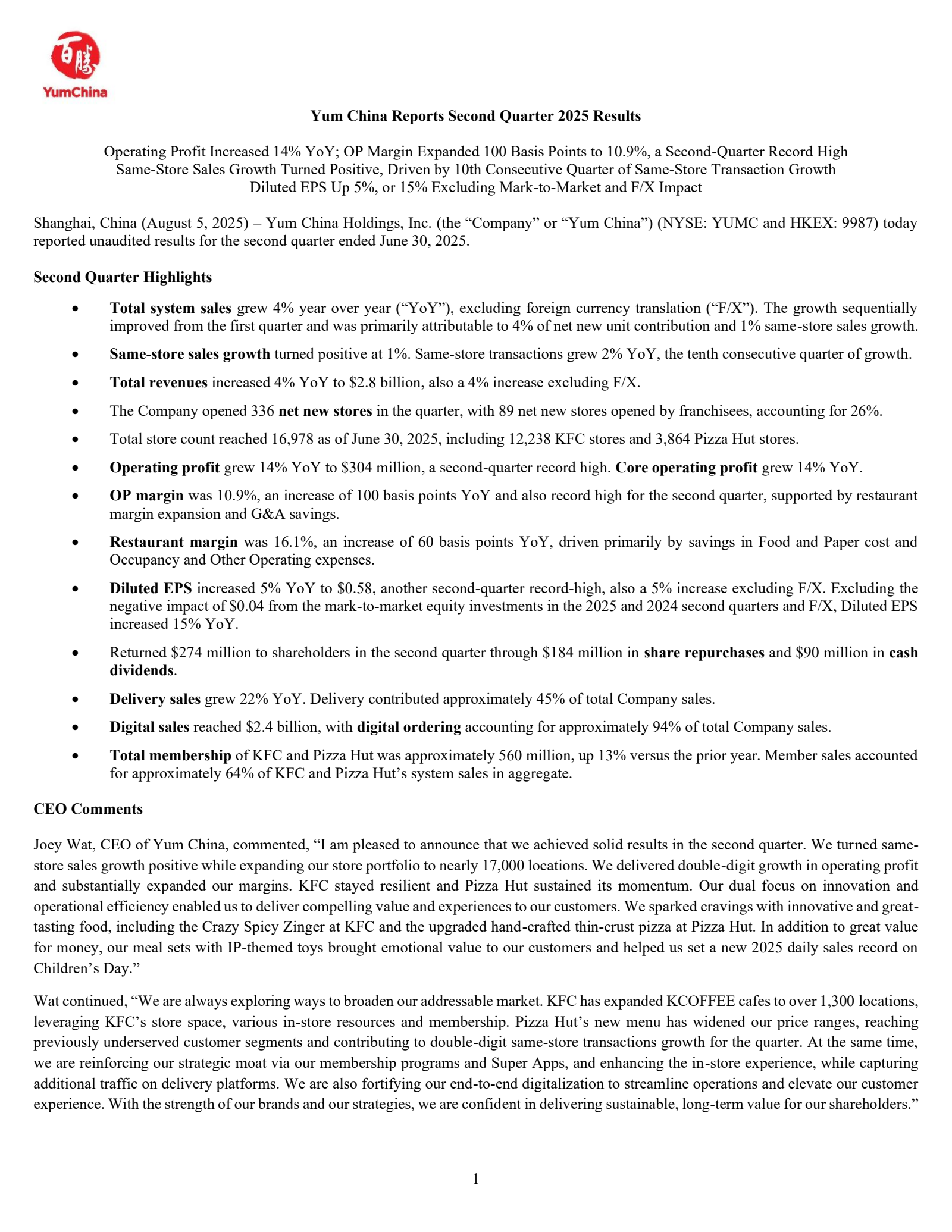 Yum China's Q2 2025 Press Release