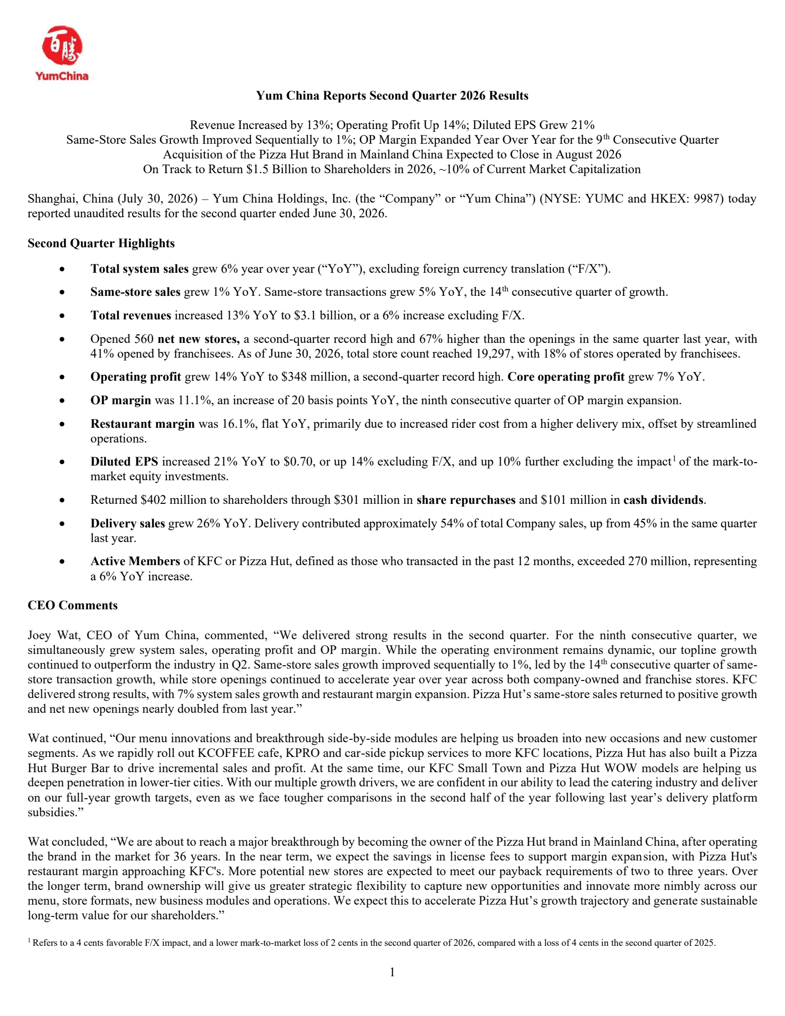 Yum China's Q2 2026 Press Release