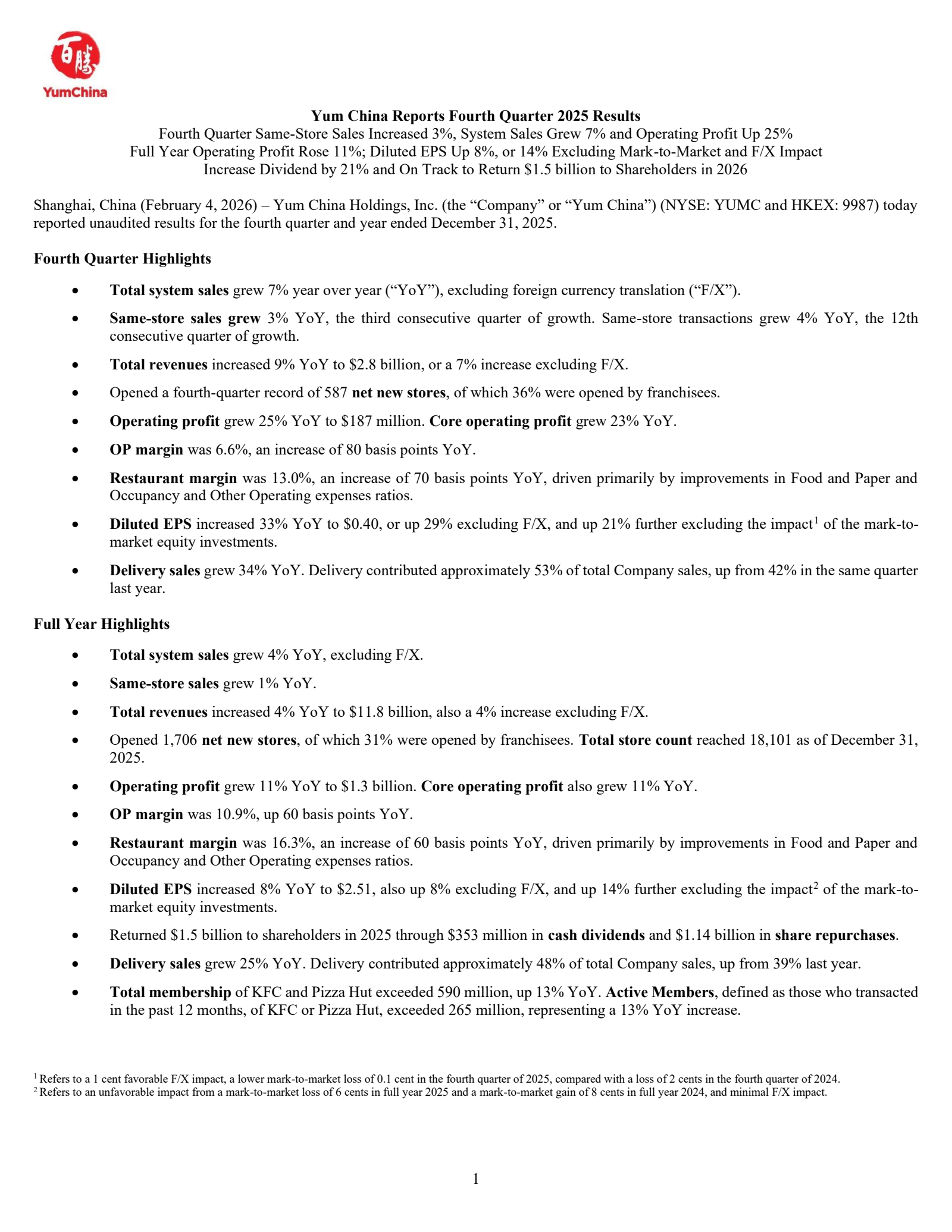 Yum China's Q4 2025 Press Release