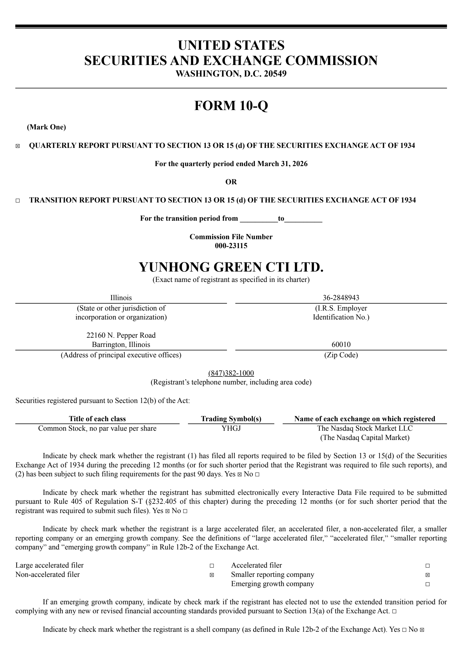 Yunhong Green CTI's Q1 2026 Quarterly report