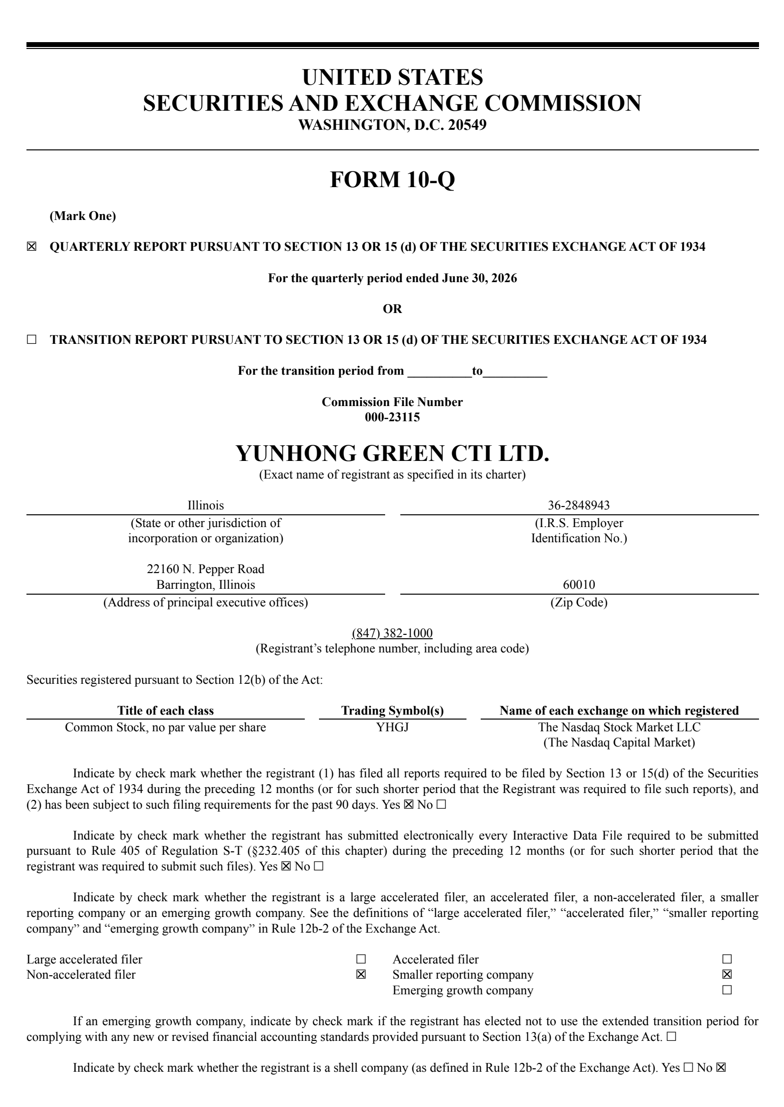 Yunhong Green CTI's Q2 2026 Quarterly report