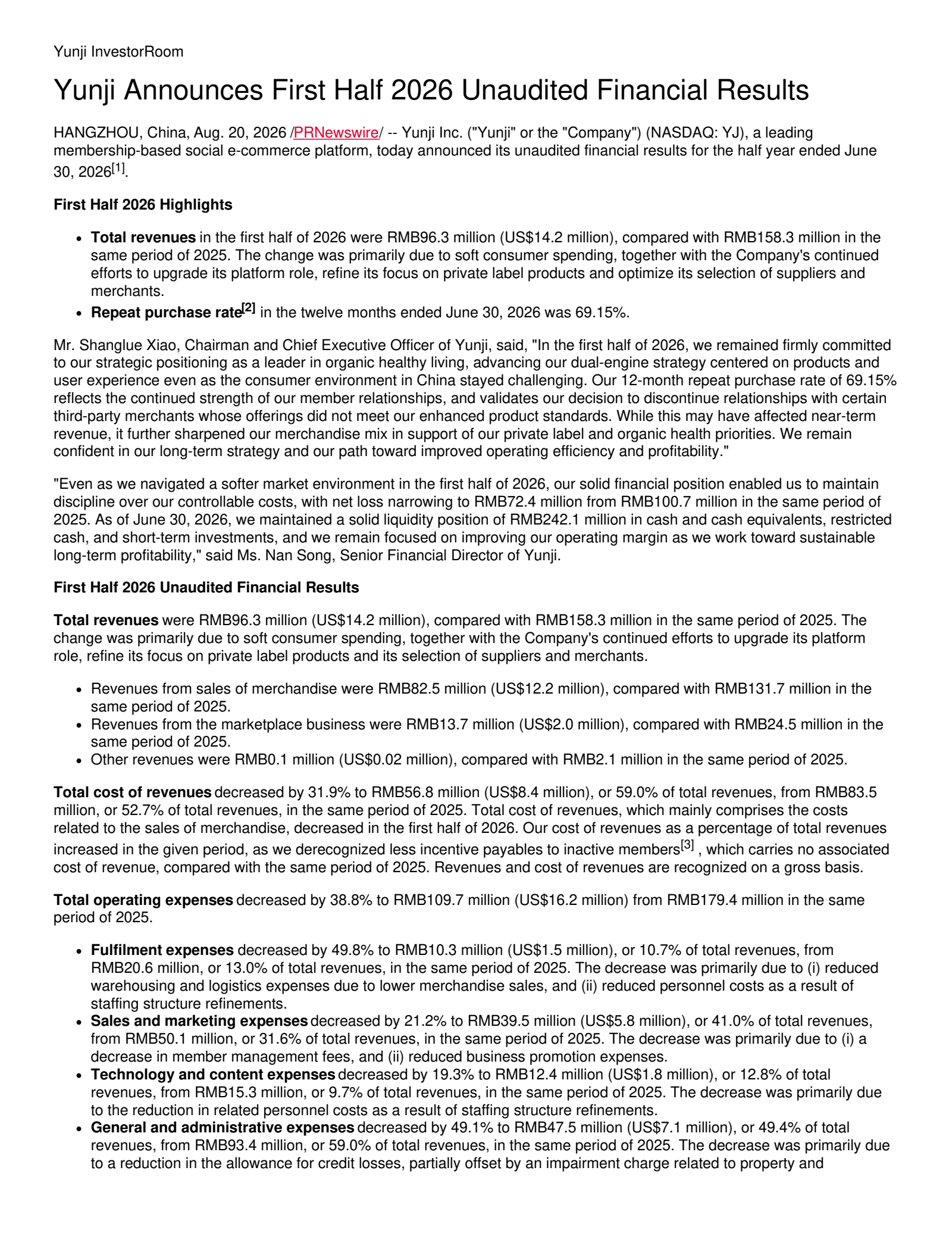 Yunji's Q2 2026 Press Release