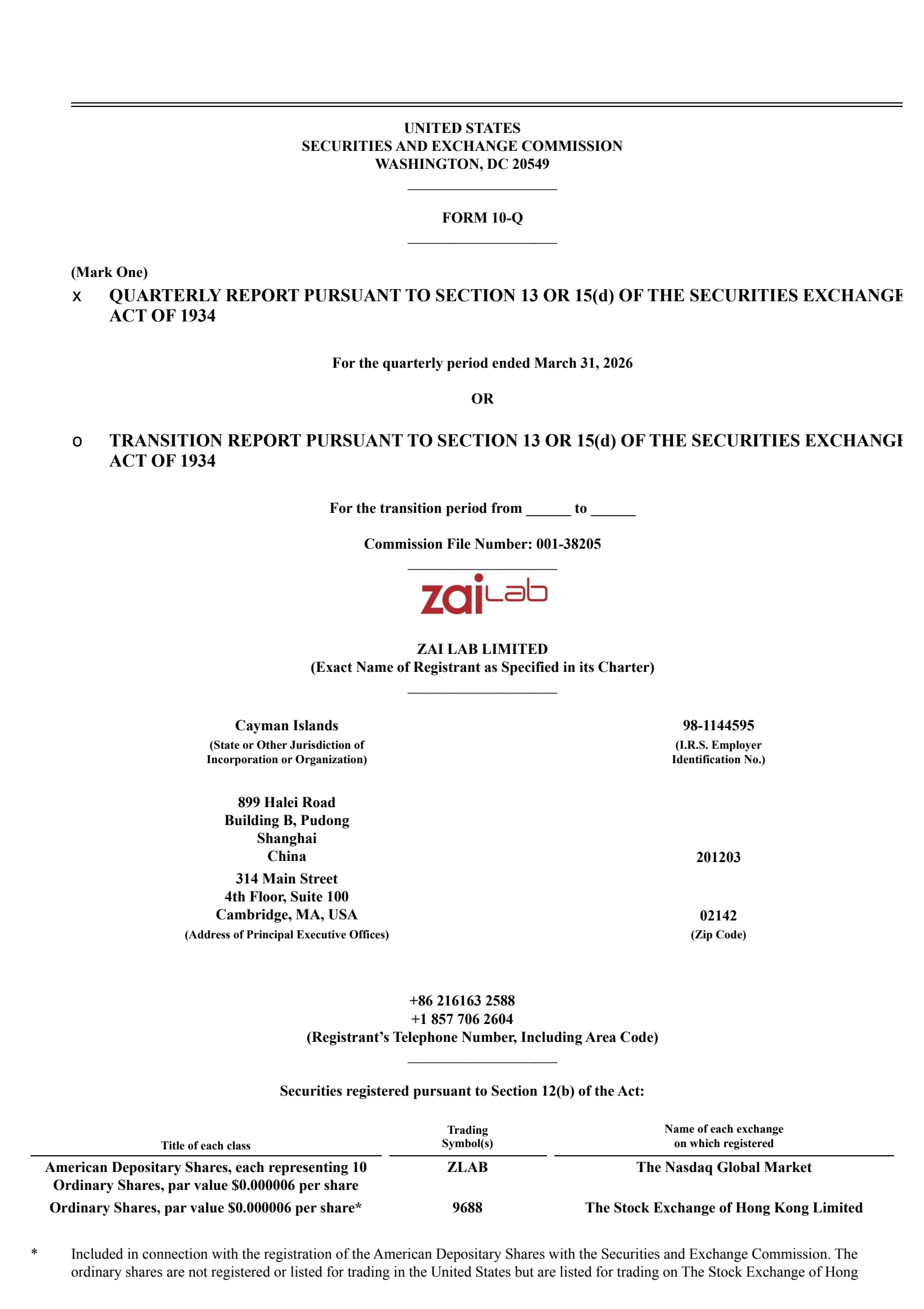 Zai Lab's Q1 2026 Quarterly report