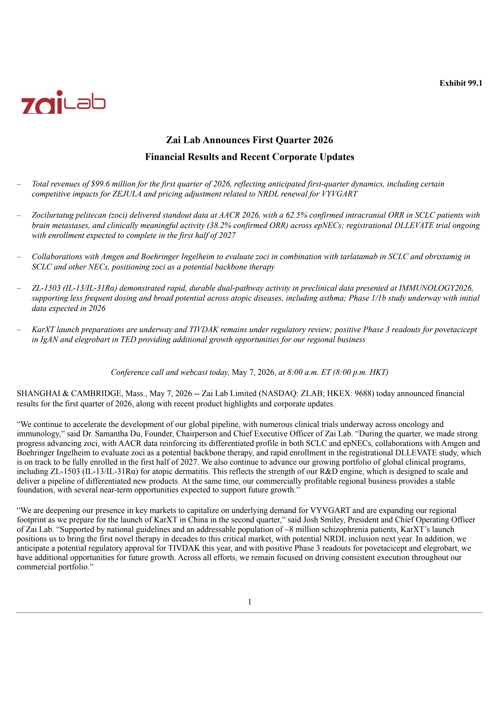 Zai Lab's Q1 2026 Press Release