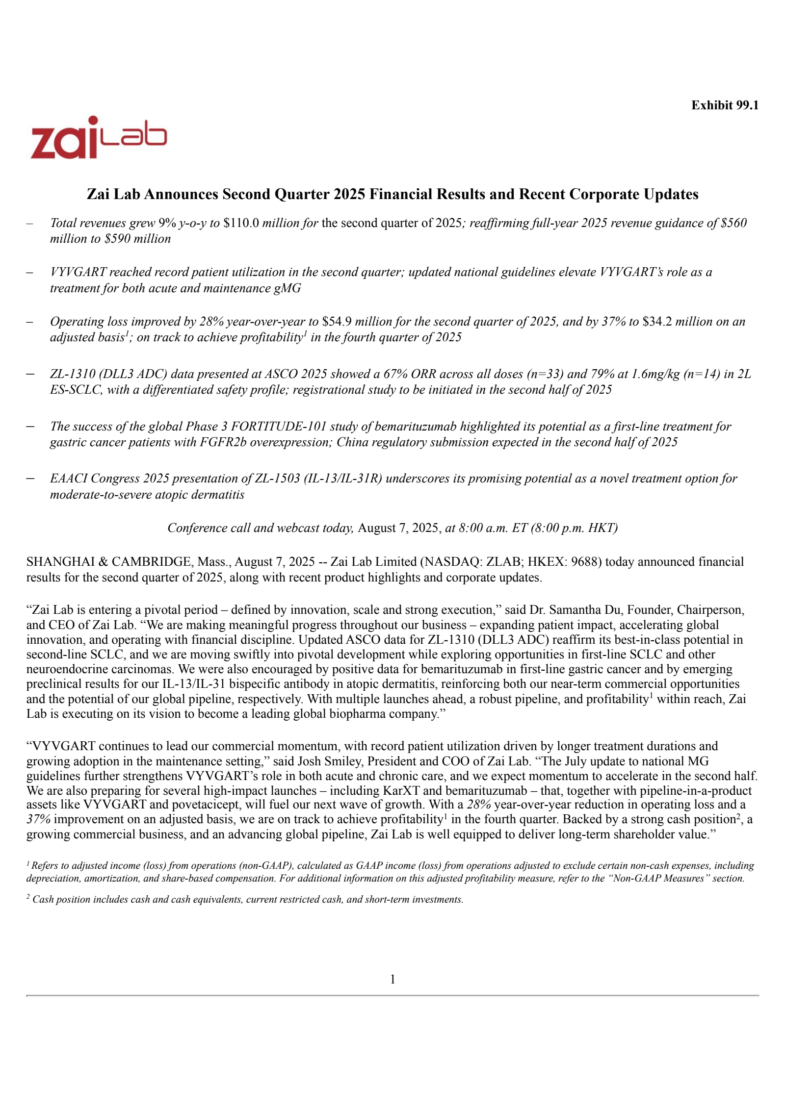 Zai Lab's Q2 2025 Press Release