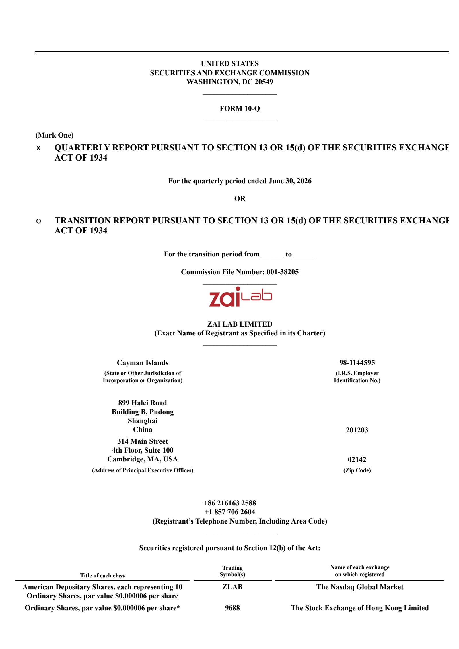 Zai Lab's Q2 2026 Quarterly report