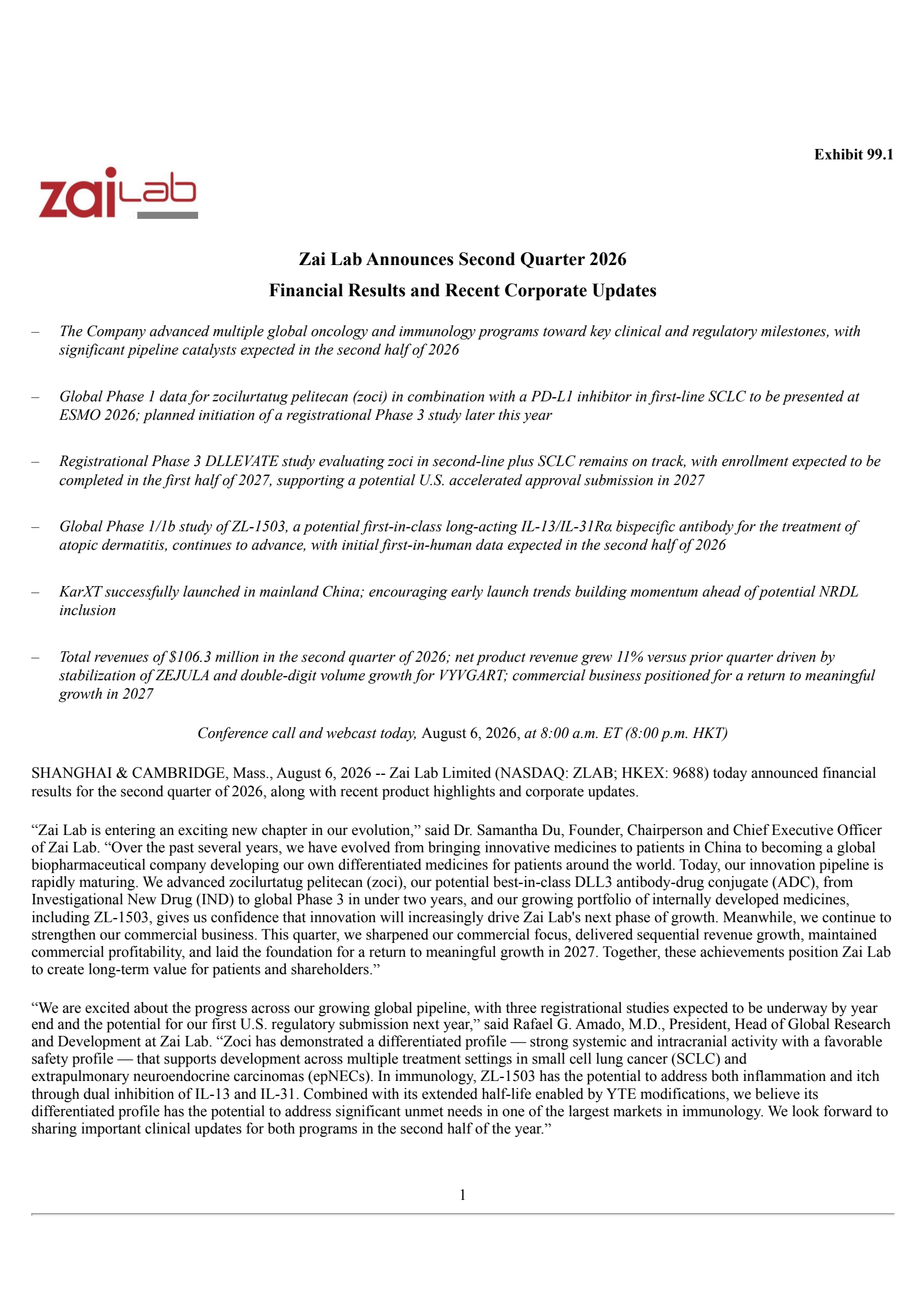 Zai Lab's Q2 2026 Press Release