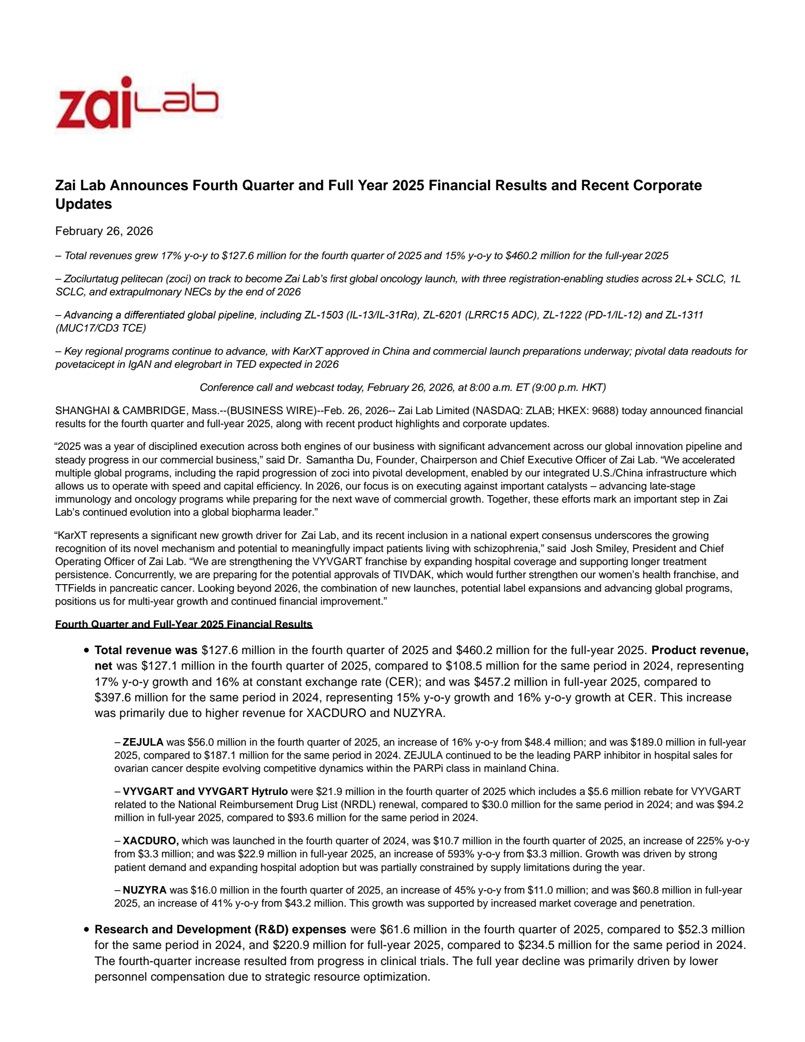 Zai Lab's Q4 2025 Press Release