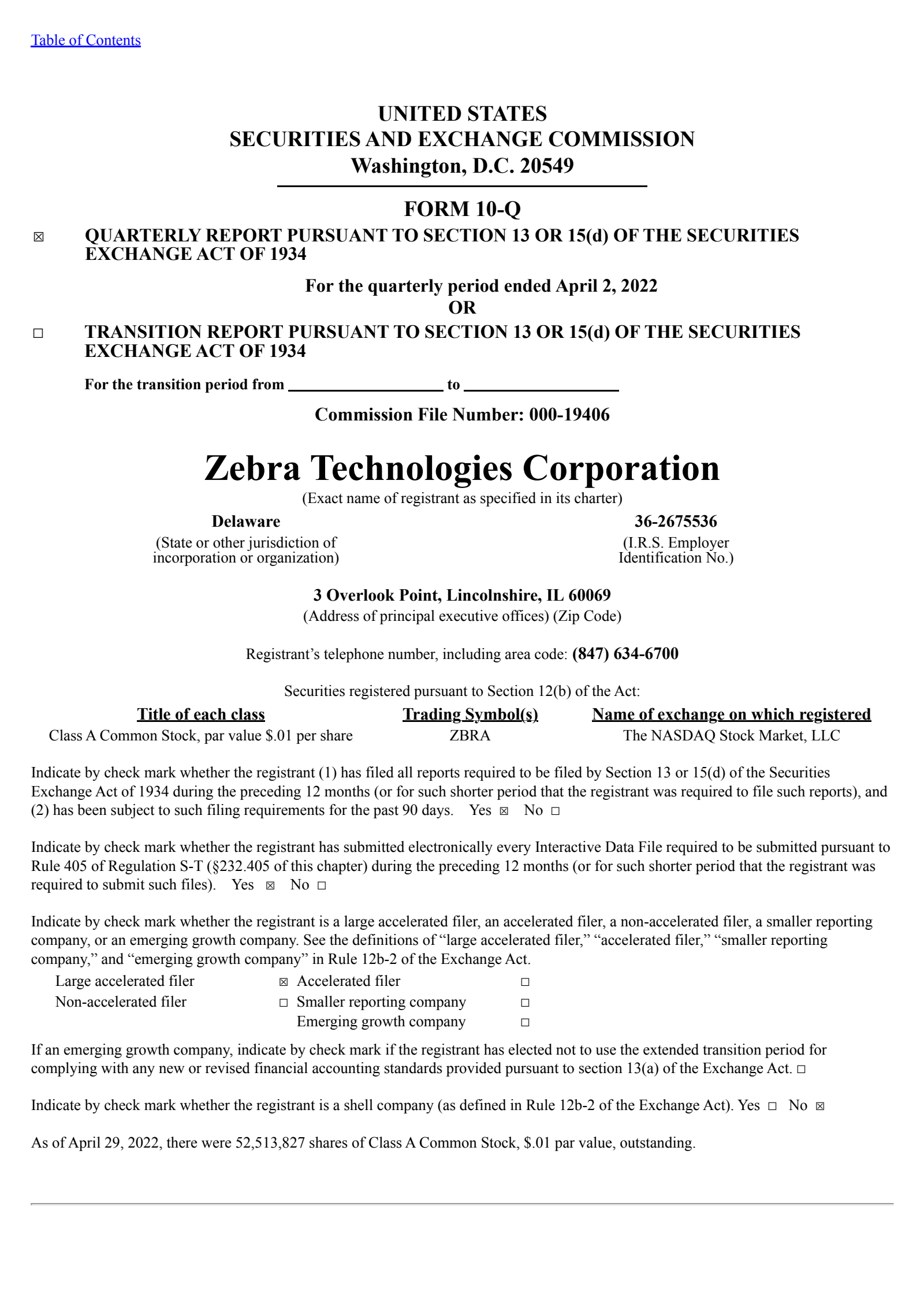 Zebra Technologies' Q1 2022 Quarterly report