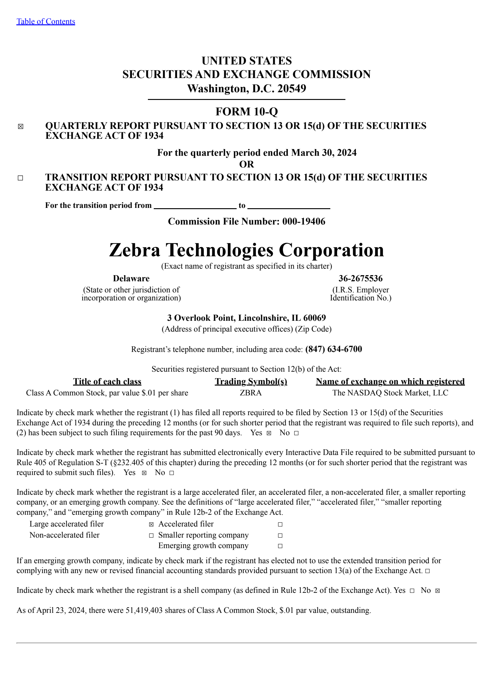 Zebra Technologies' Q1 2024 Quarterly report