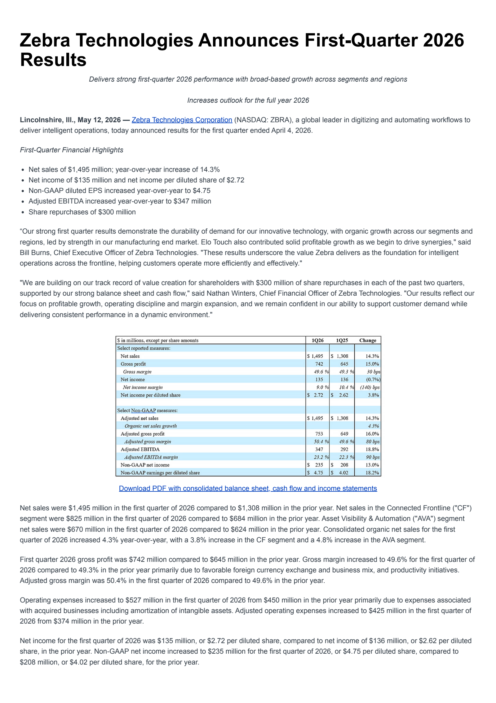 Zebra Technologies' Q1 2026 Press Release