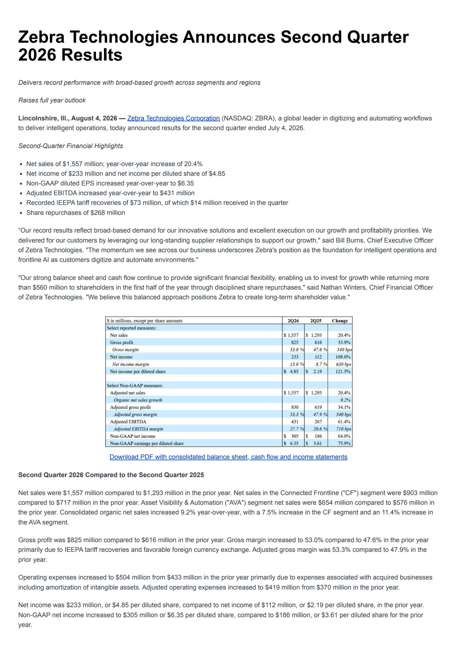Zebra Technologies' Q2 2026 Press Release