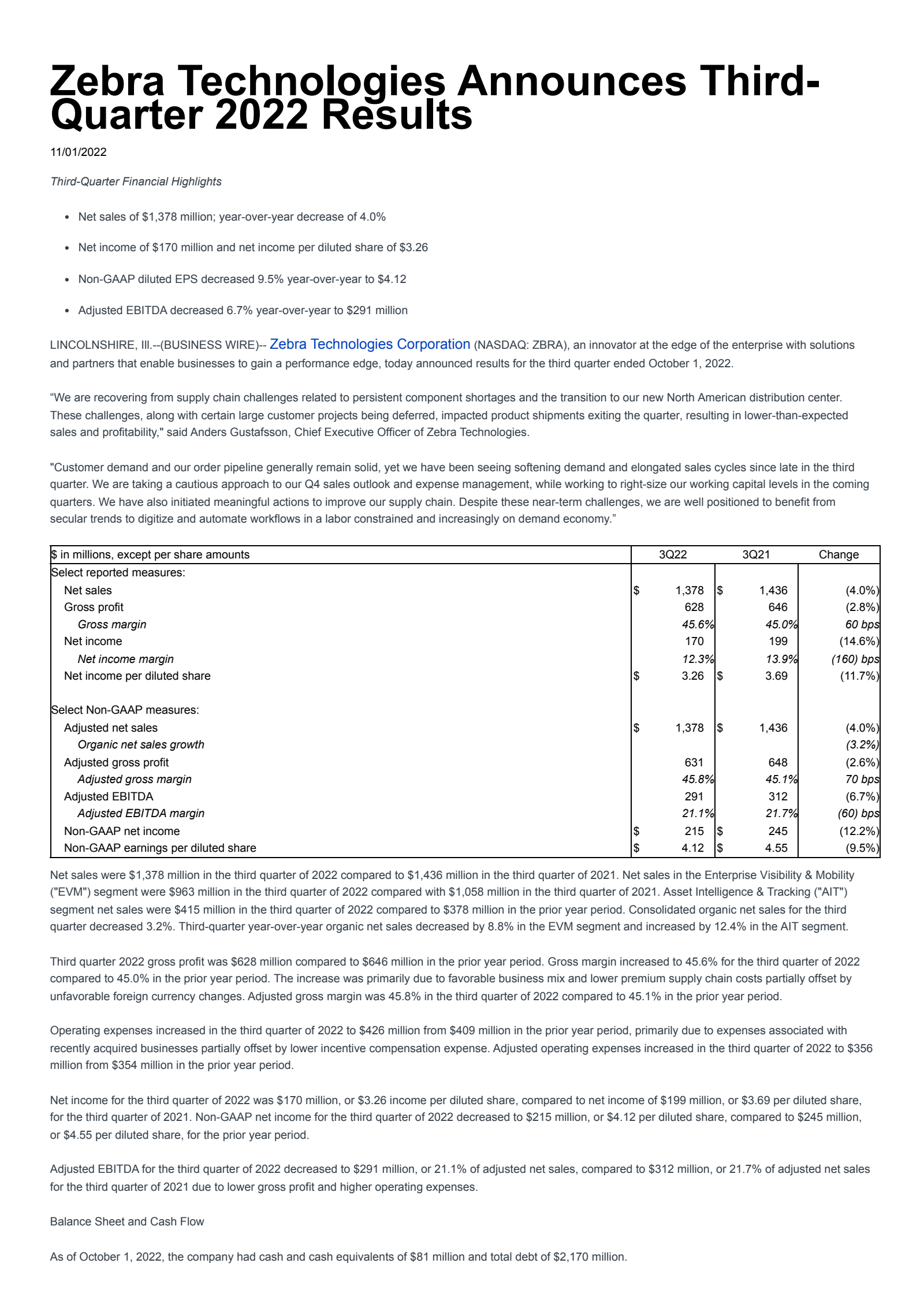 Zebra Technologies' Q3 2022 Earnings Release
