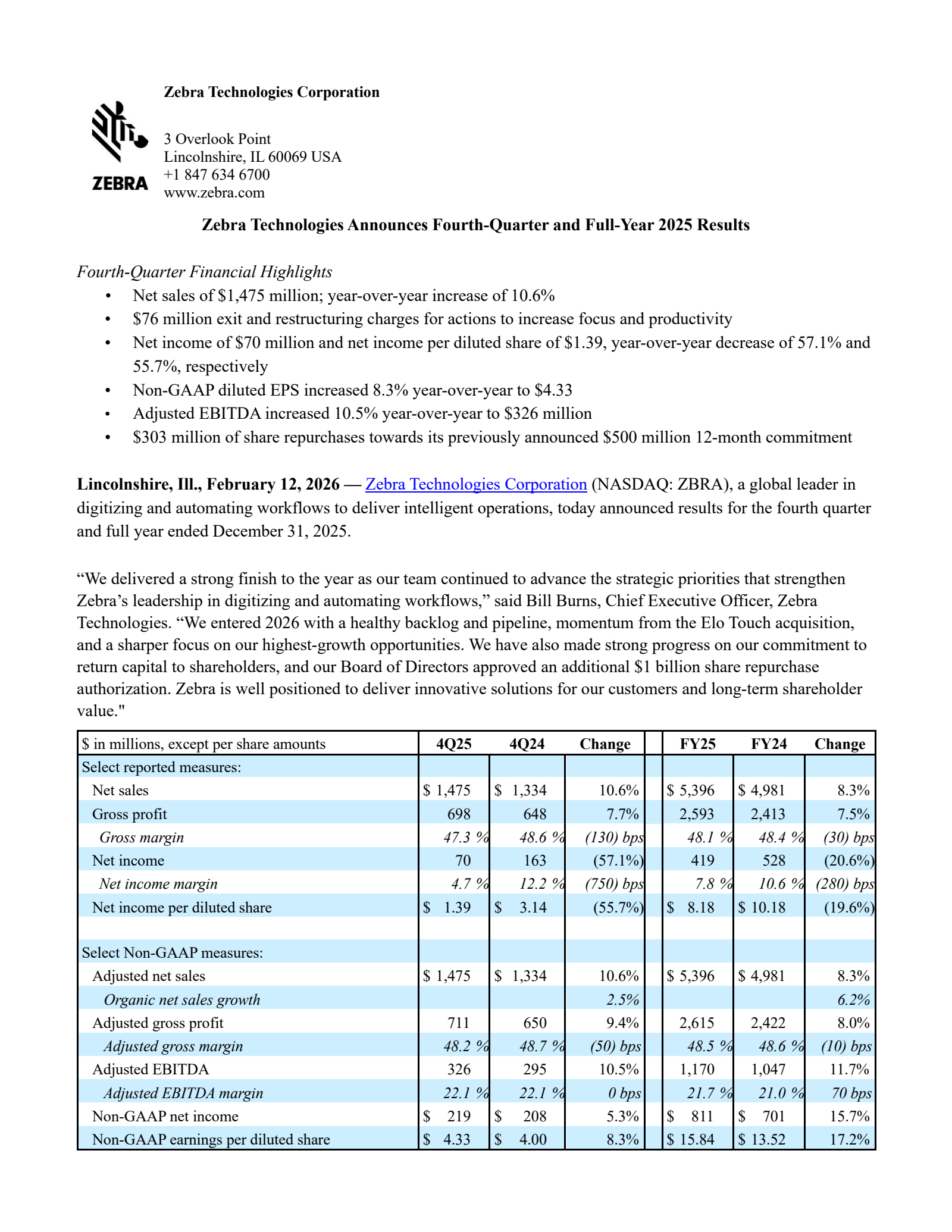Zebra Technologies' Q4 2025 Press Release
