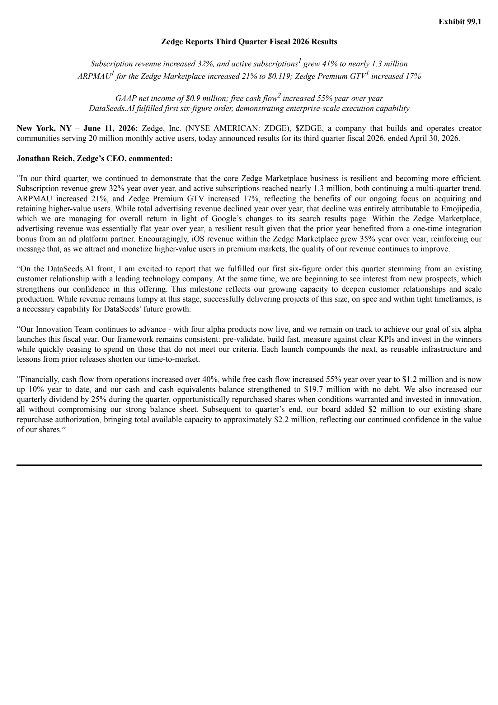 Zedge's Q3 2026 Press Release
