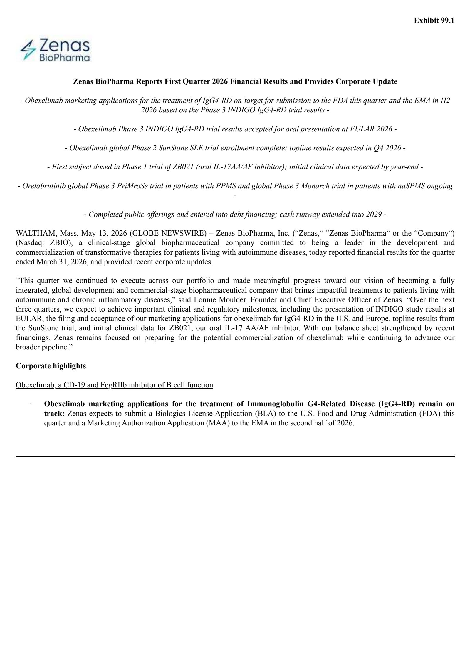 Zenas BioPharma's Q1 2026 Press Release