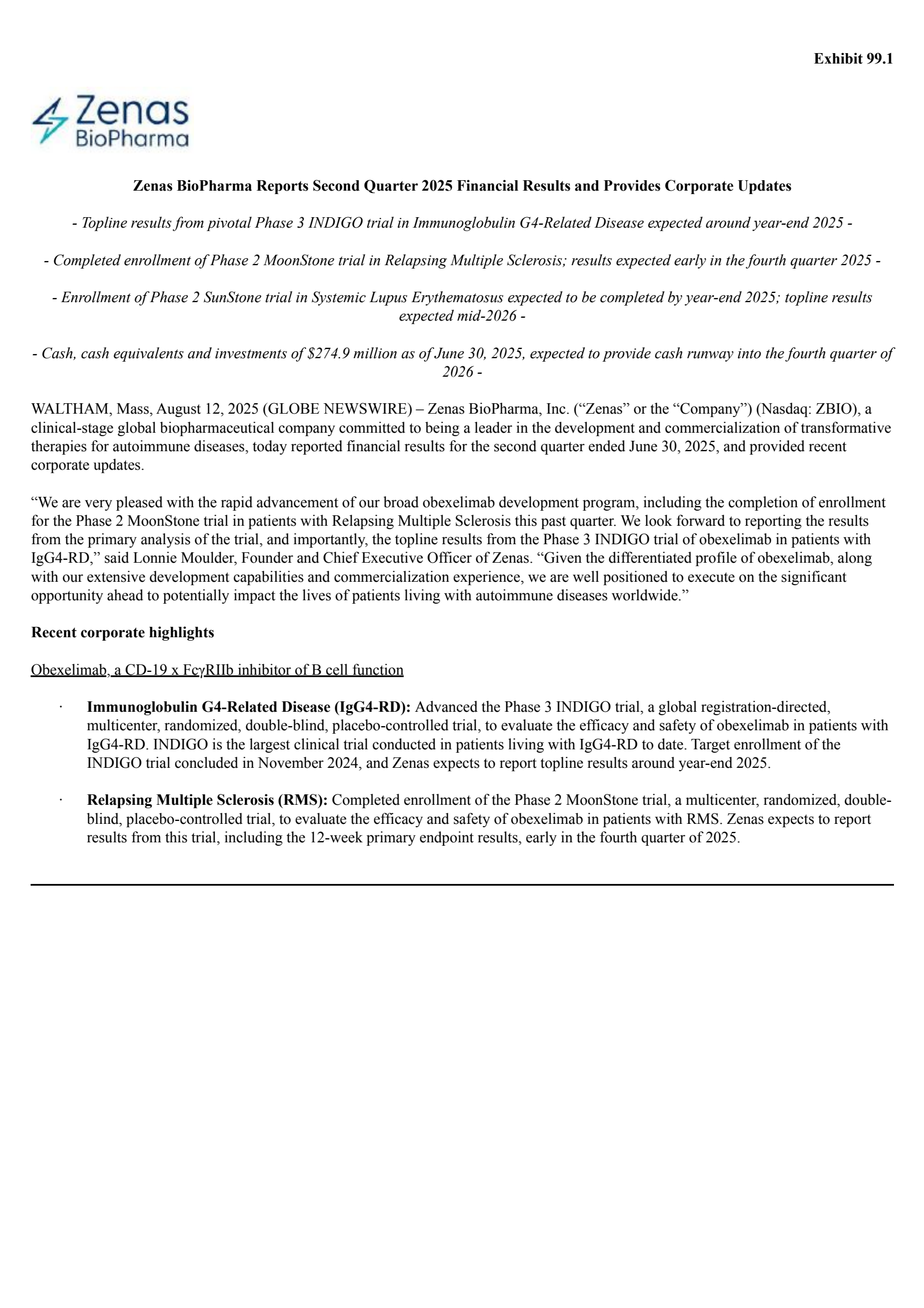 Zenas BioPharma's Q2 2025 Press Release