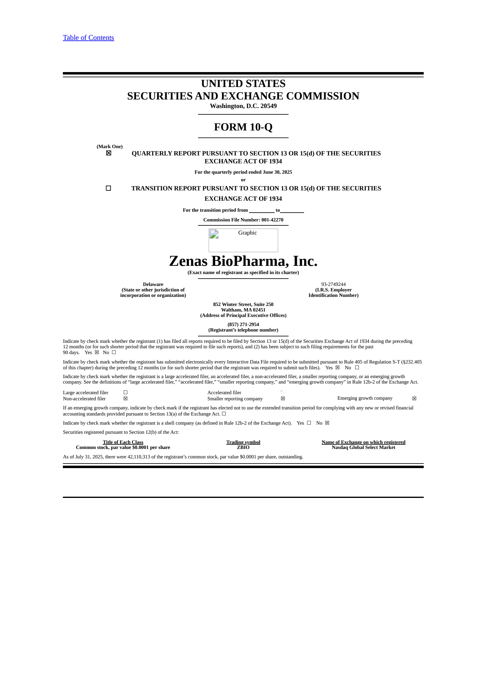 Zenas BioPharma's Q2 2025 Quarterly report
