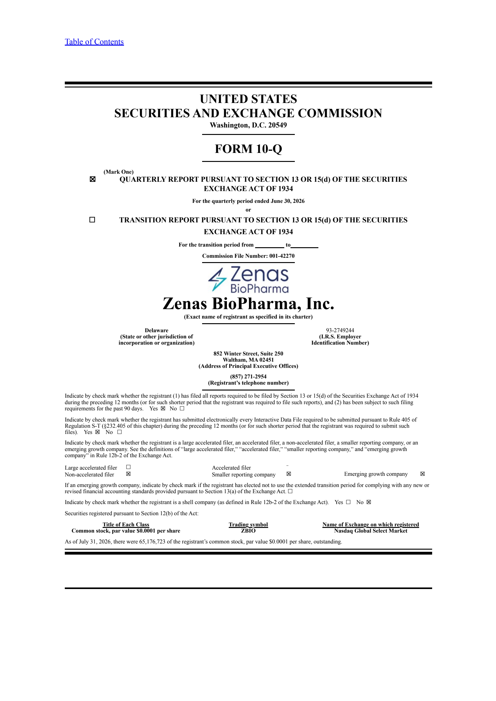 Zenas BioPharma's Q2 2026 Quarterly report