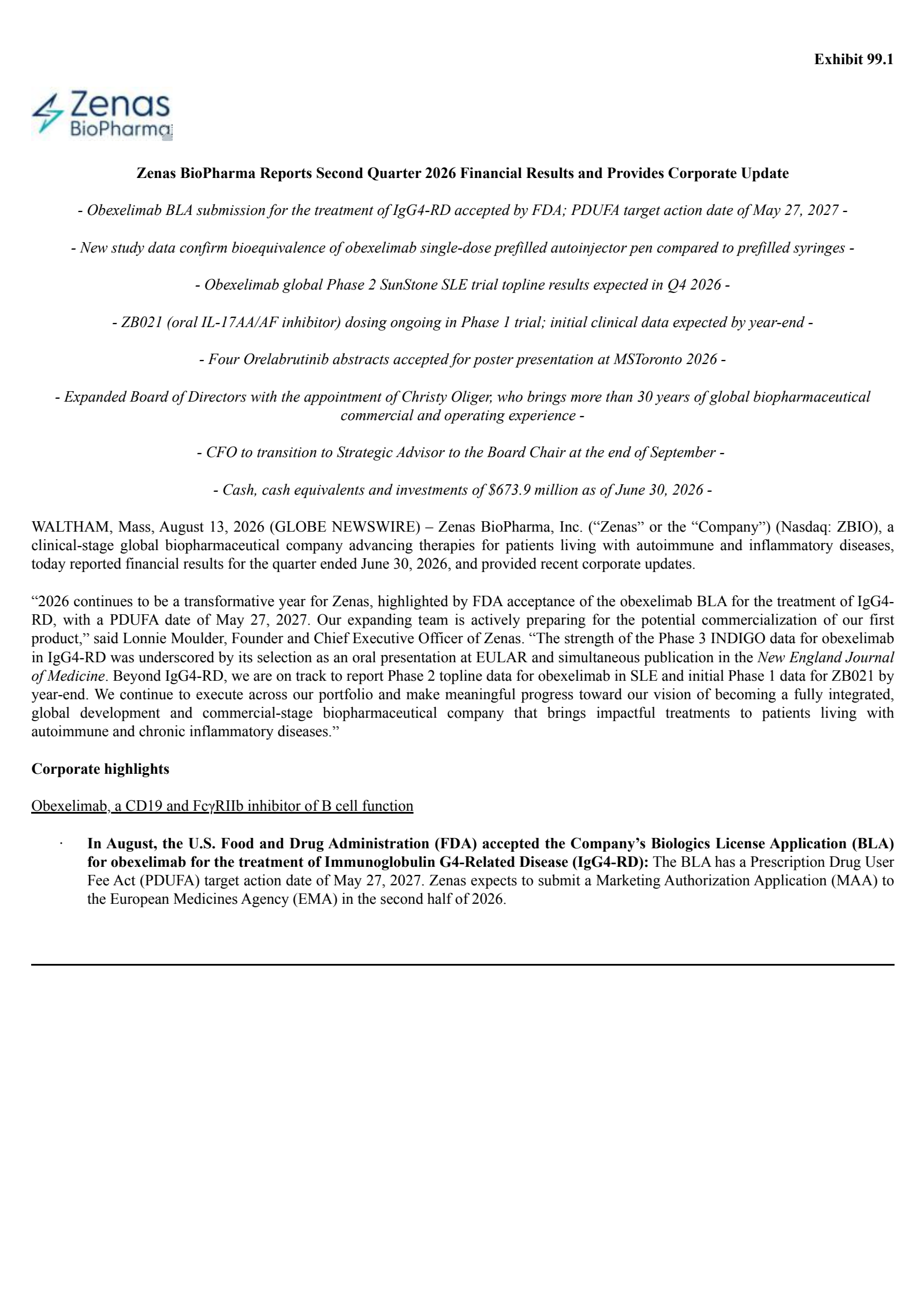Zenas BioPharma's Q2 2026 Press Release