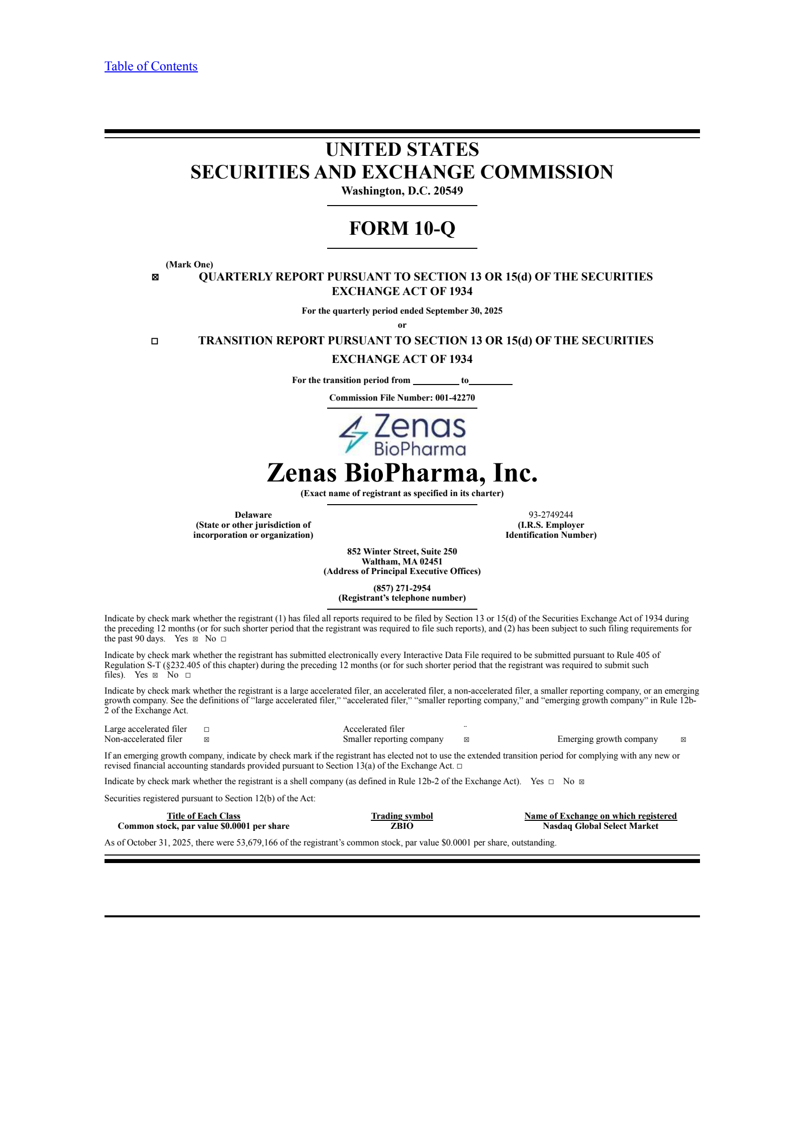 Zenas BioPharma's Q3 2025 Quarterly Report
