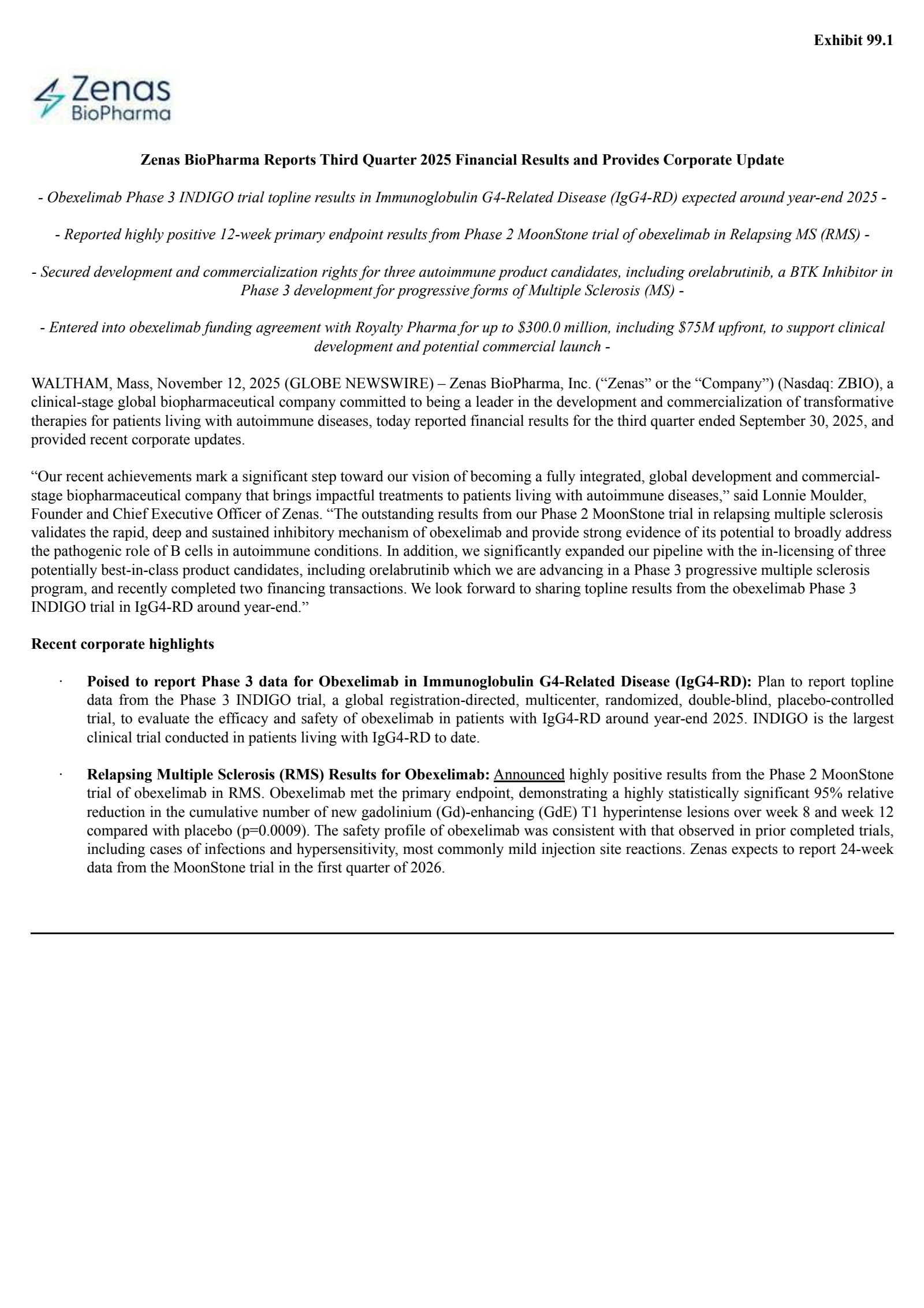 Zenas BioPharma's Q3 2025 Earnings Release