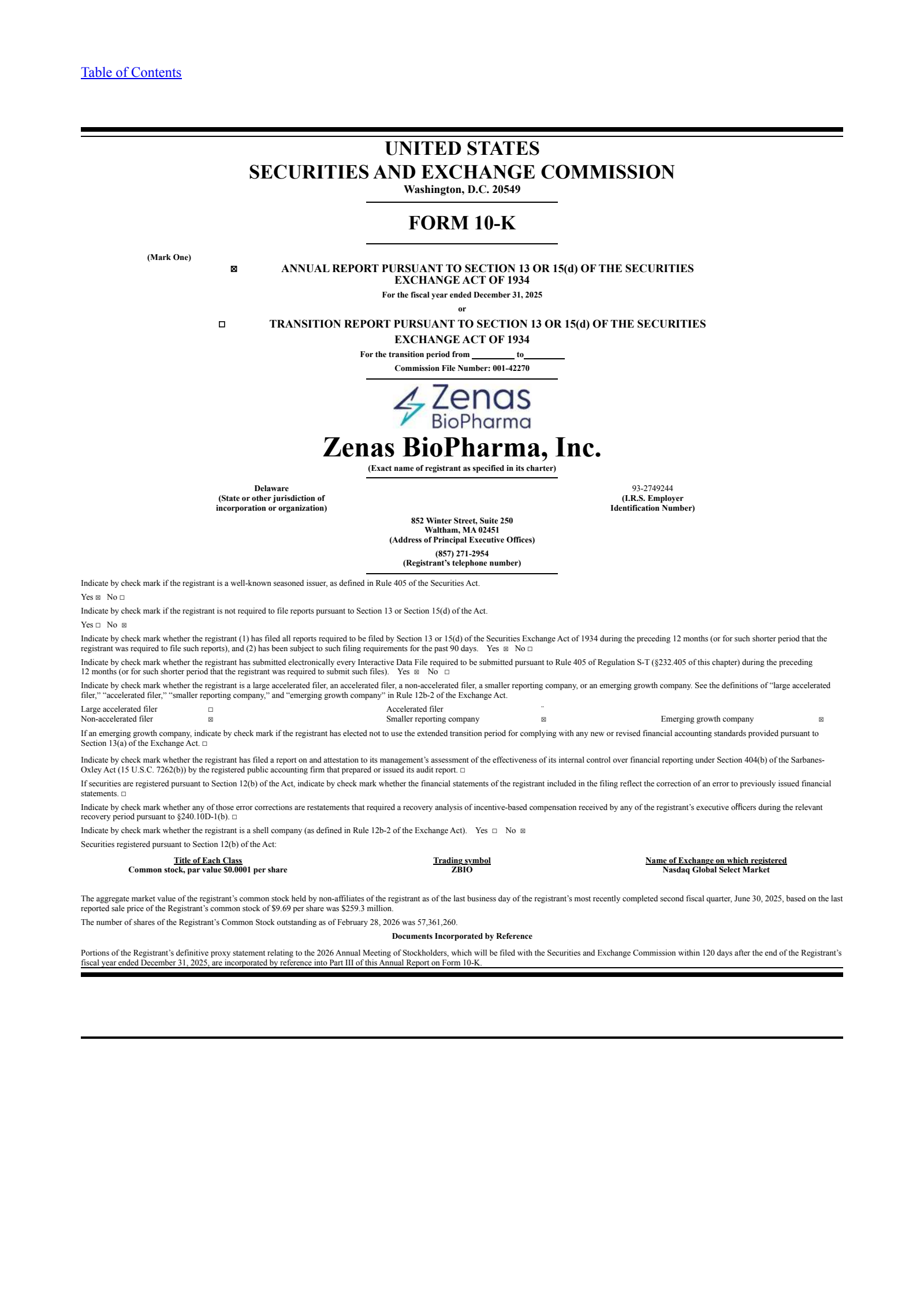 Zenas BioPharma's Q4 2025 Annual report