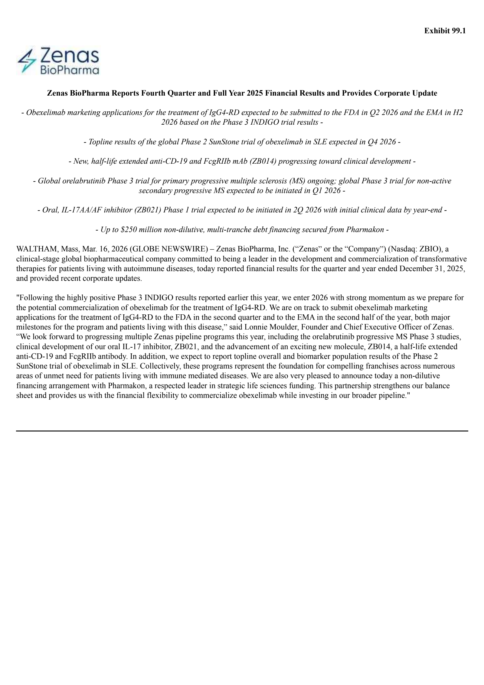 Zenas BioPharma's Q4 2025 Press Release