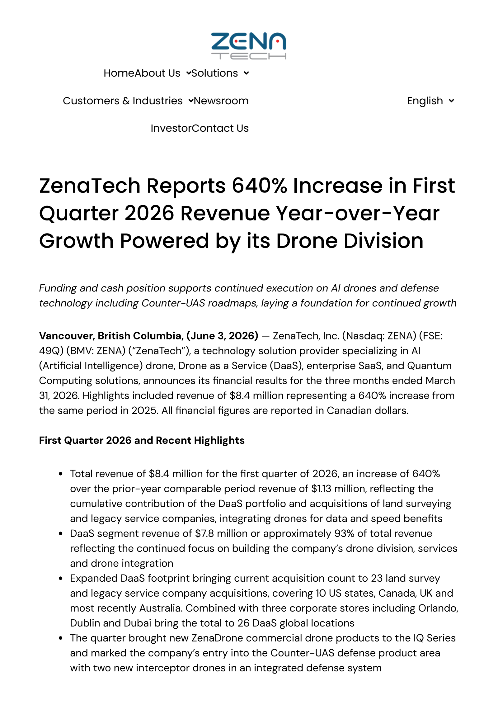 ZenaTech's Q1 2026 Press Release