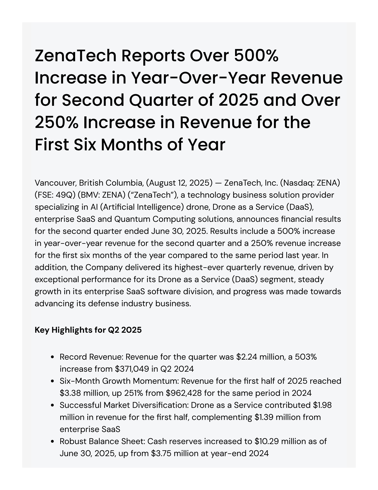 ZenaTech's Q2 2025 Press Release