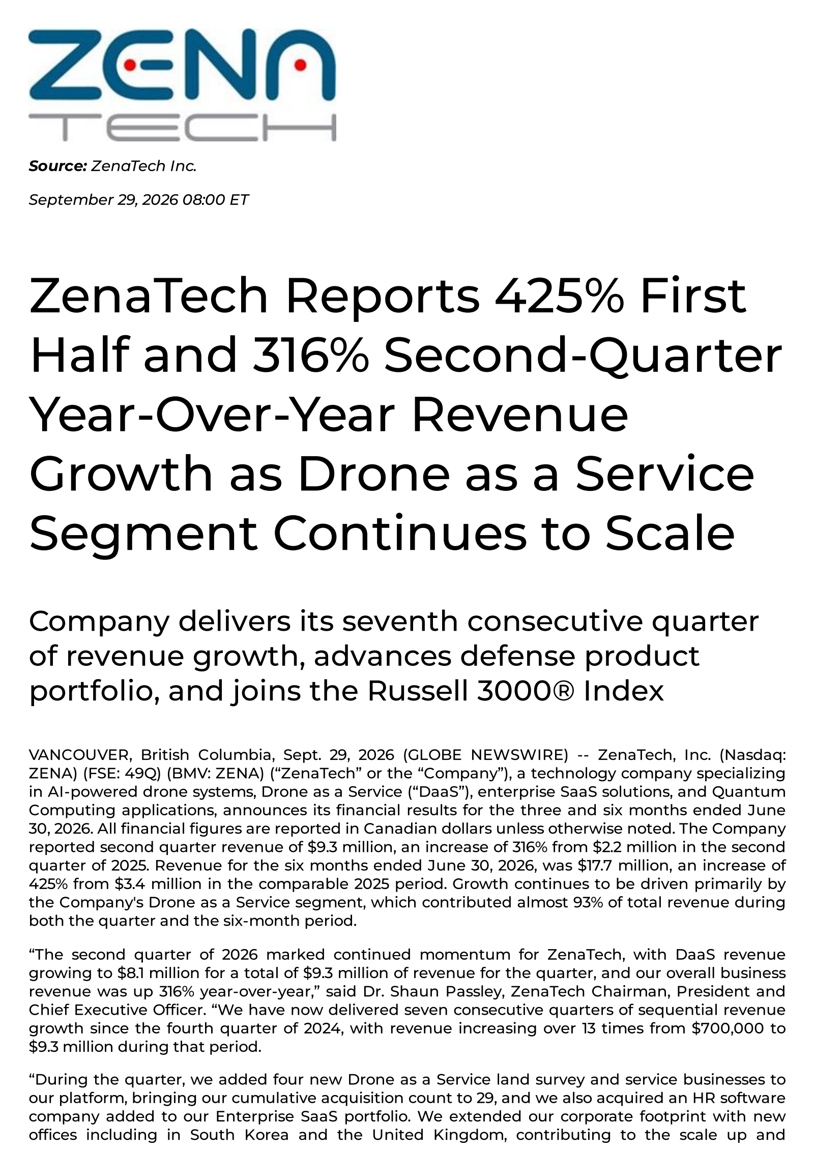 ZenaTech's Q2 2026 Press Release