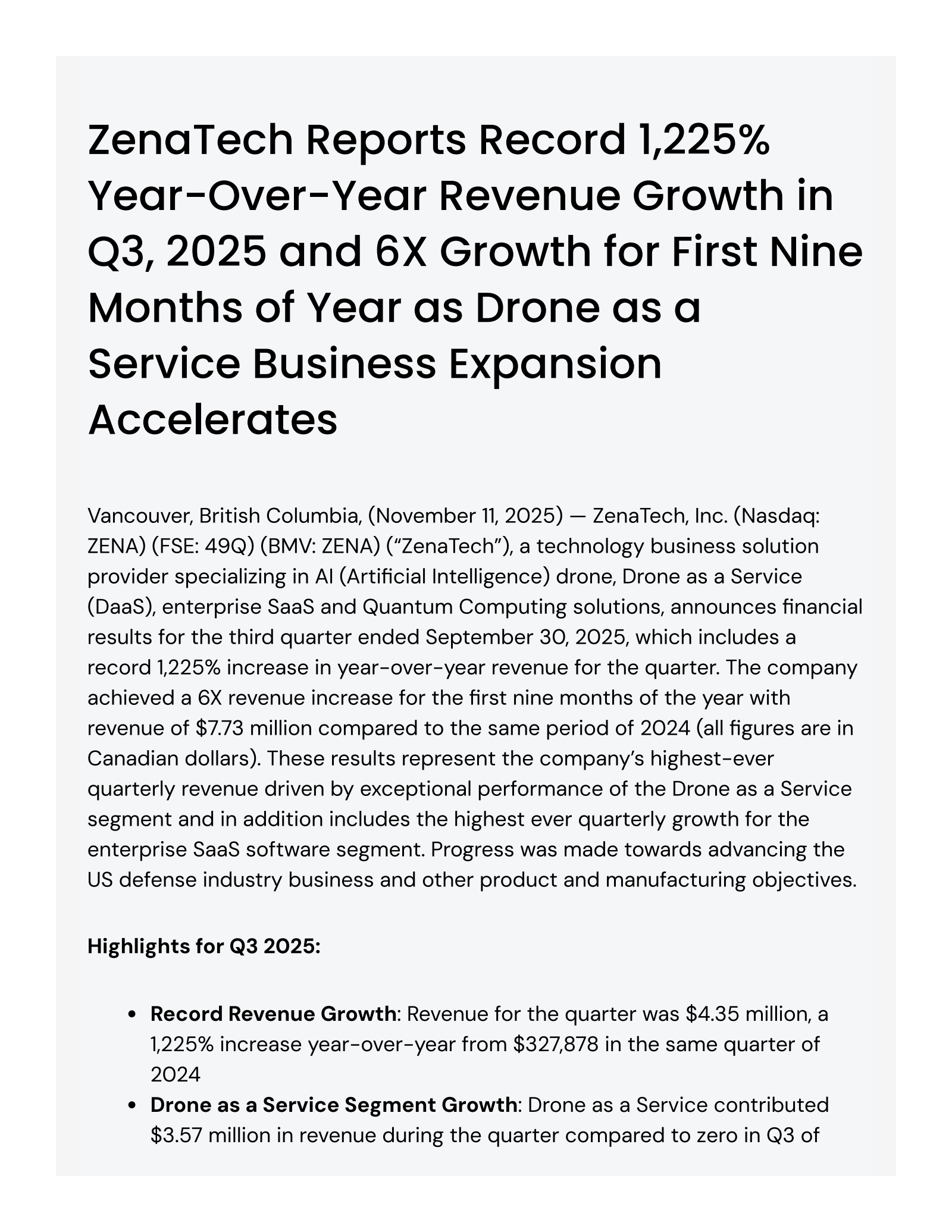 ZenaTech's Q3 2025 Press Release